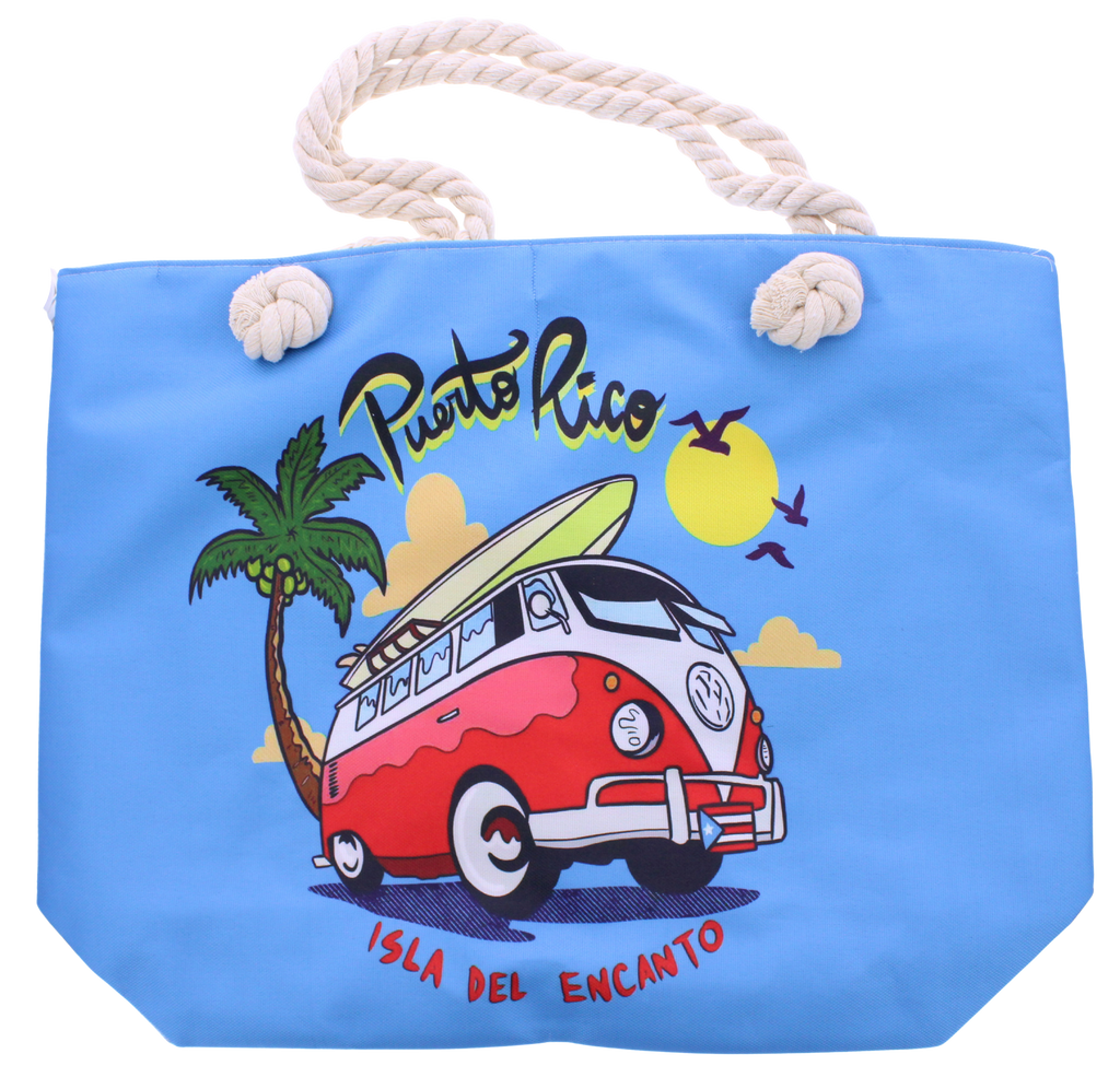 A light blue tote bag with a colorful Puerto Rico graphic featuring a red and white van, palm tree, yellow sun, and rope handles on a white background.