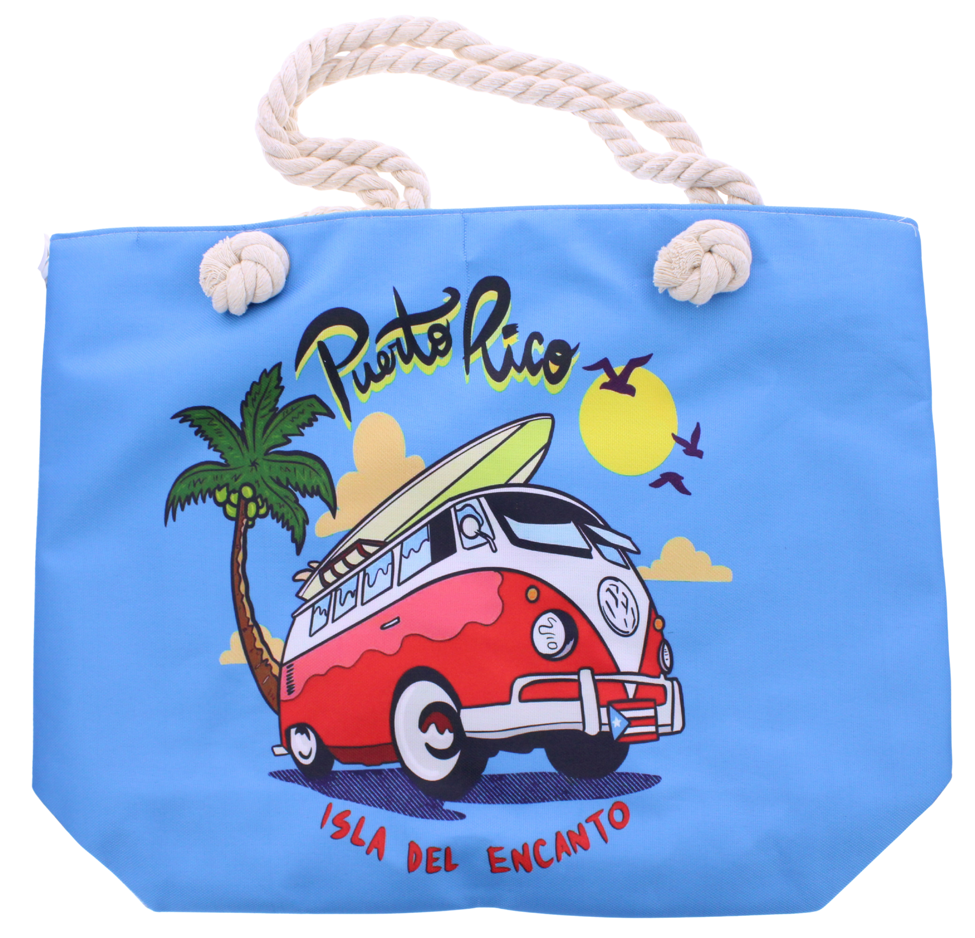 A light blue tote bag with a colorful Puerto Rico graphic featuring a red and white van, palm tree, yellow sun, and rope handles on a white background.