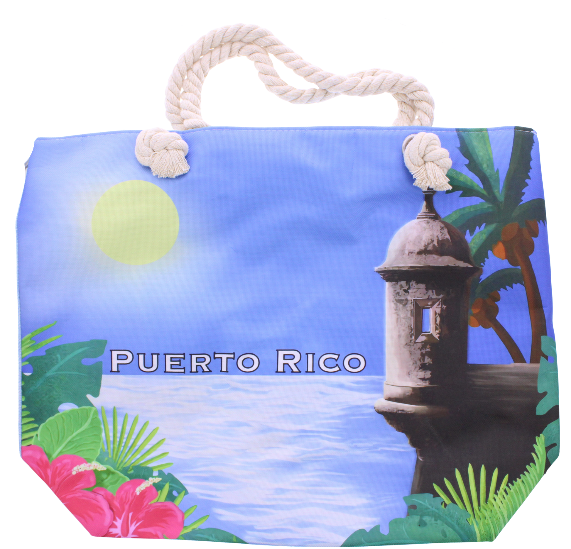 A Puerto Rico themed beach tote bag featuring a tropical sunset print with a lighthouse, palm trees, hibiscus flowers, and a blue sky, complete with cream-colored rope handles.