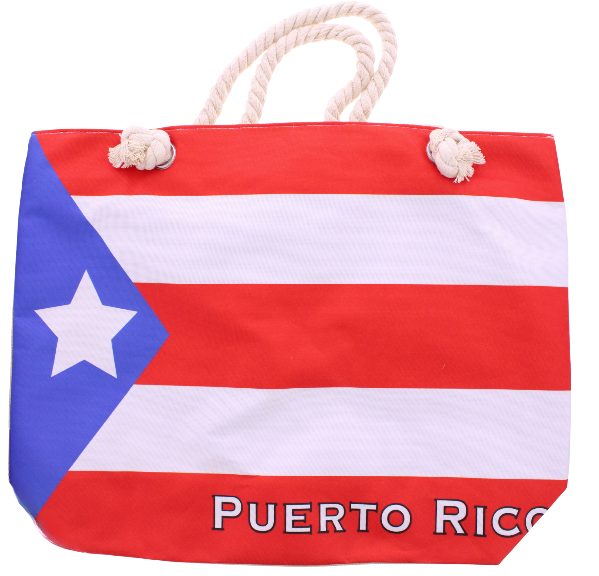 A tote bag featuring the Puerto Rico flag design with red and white vertical stripes, a blue triangle at the top, a white star, and 'PUERTO RICO' printed vertically on the left side. It has two thick white rope handles knotted on the right side, photographed on a plain white background.