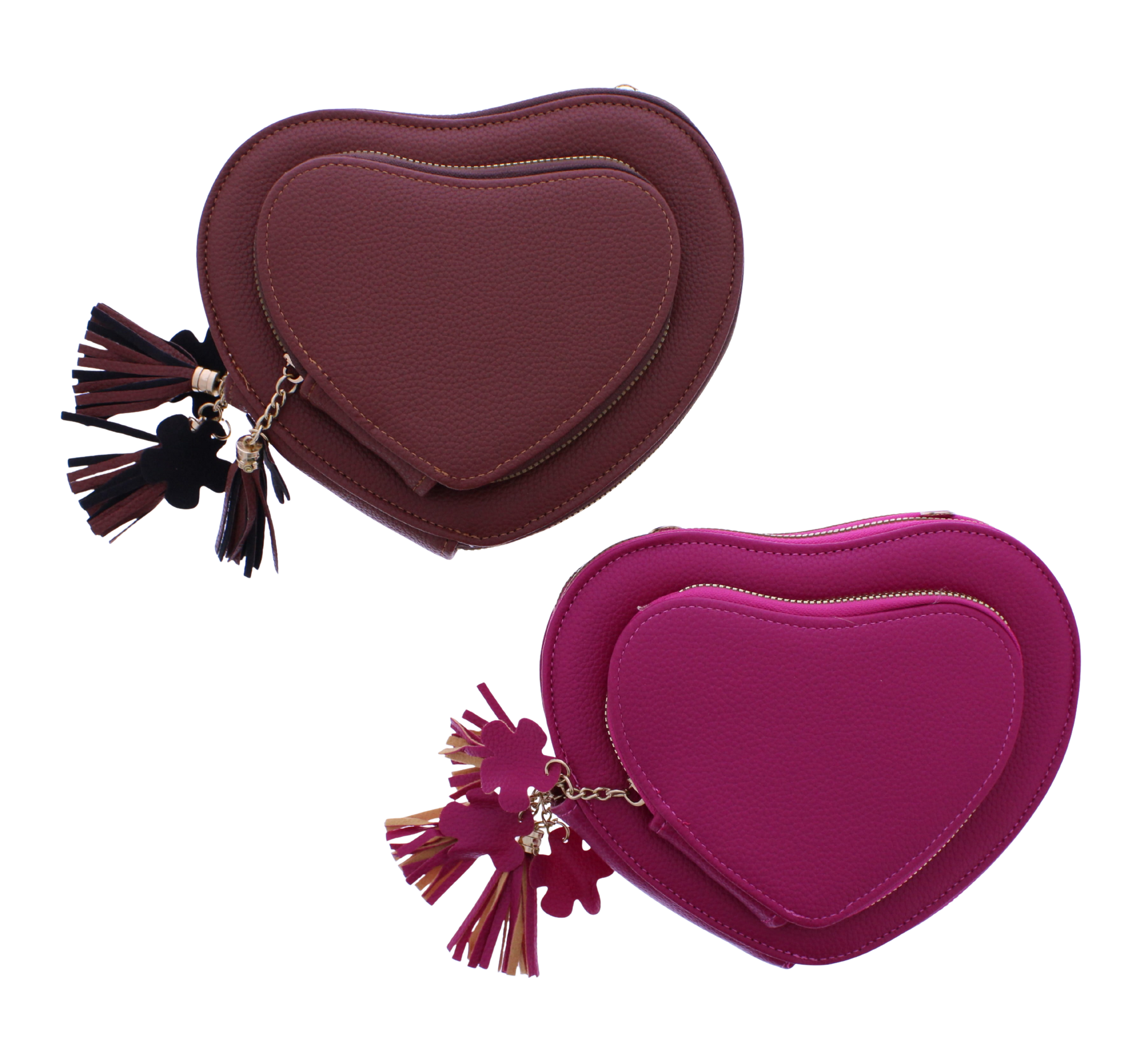 Two heart-shaped pouches, one pink and one brown, with tassel decorations on a white background.