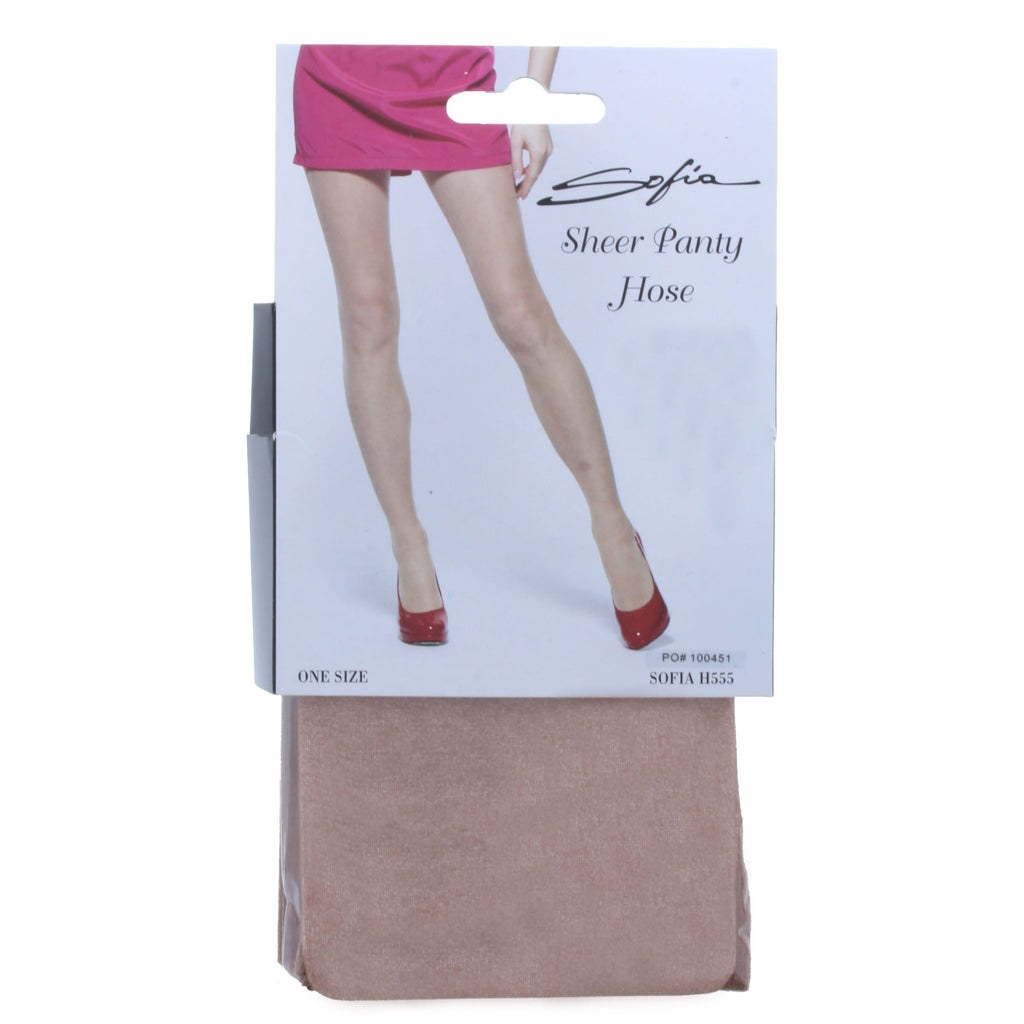 Sheer pantyhose packaging with a model wearing them, on a white background