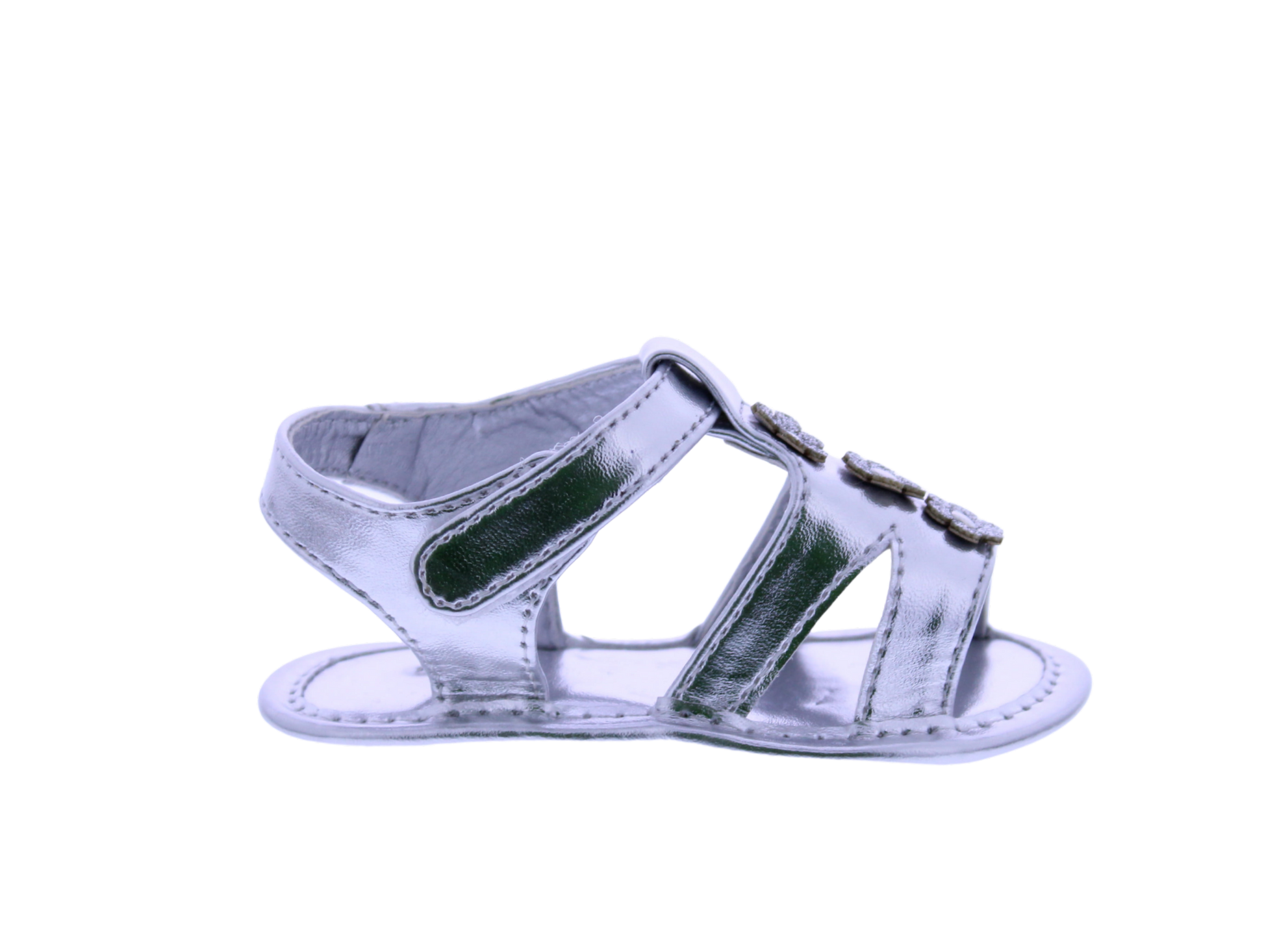 Silver sandal with decorative straps on a white background