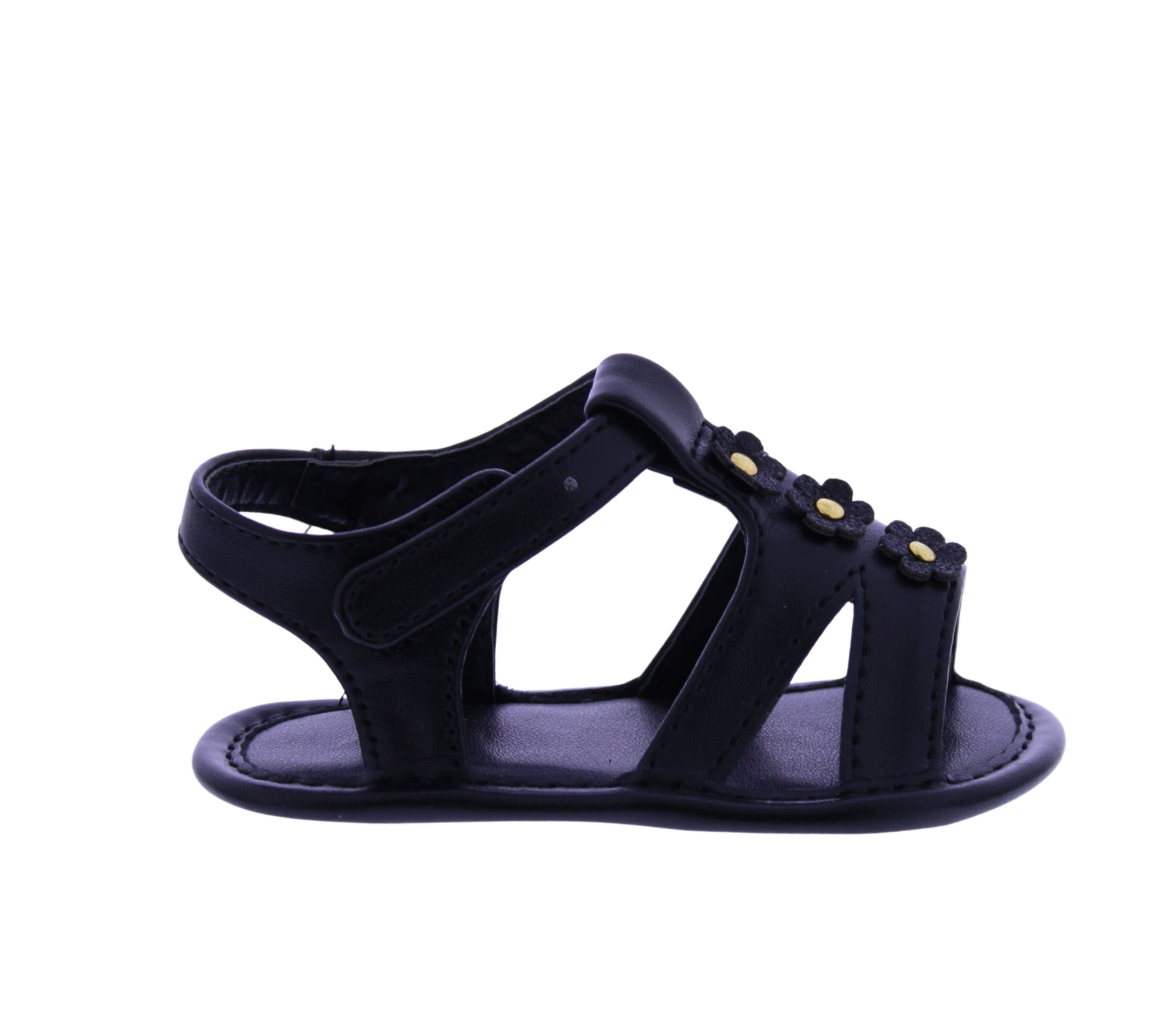 Black sandal with gold accents on a white background