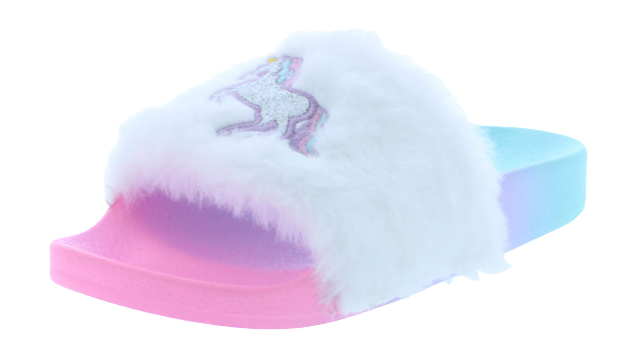 Girls Rubber Slipper with Fur and Unicorn Print