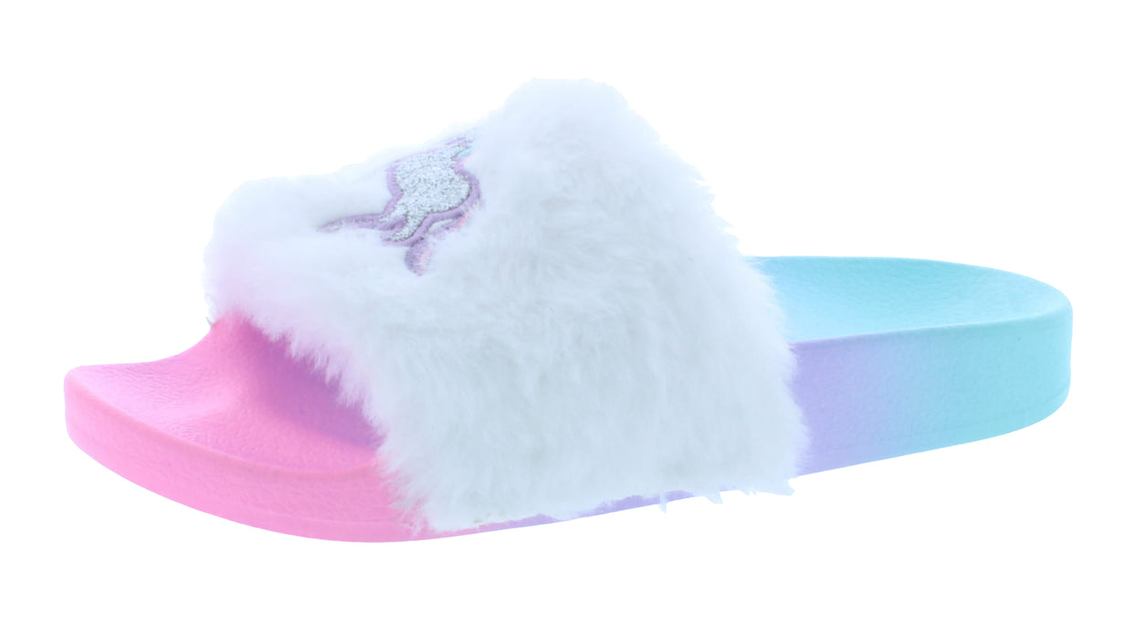 Girls Rubber Slipper with Fur and Unicorn Print