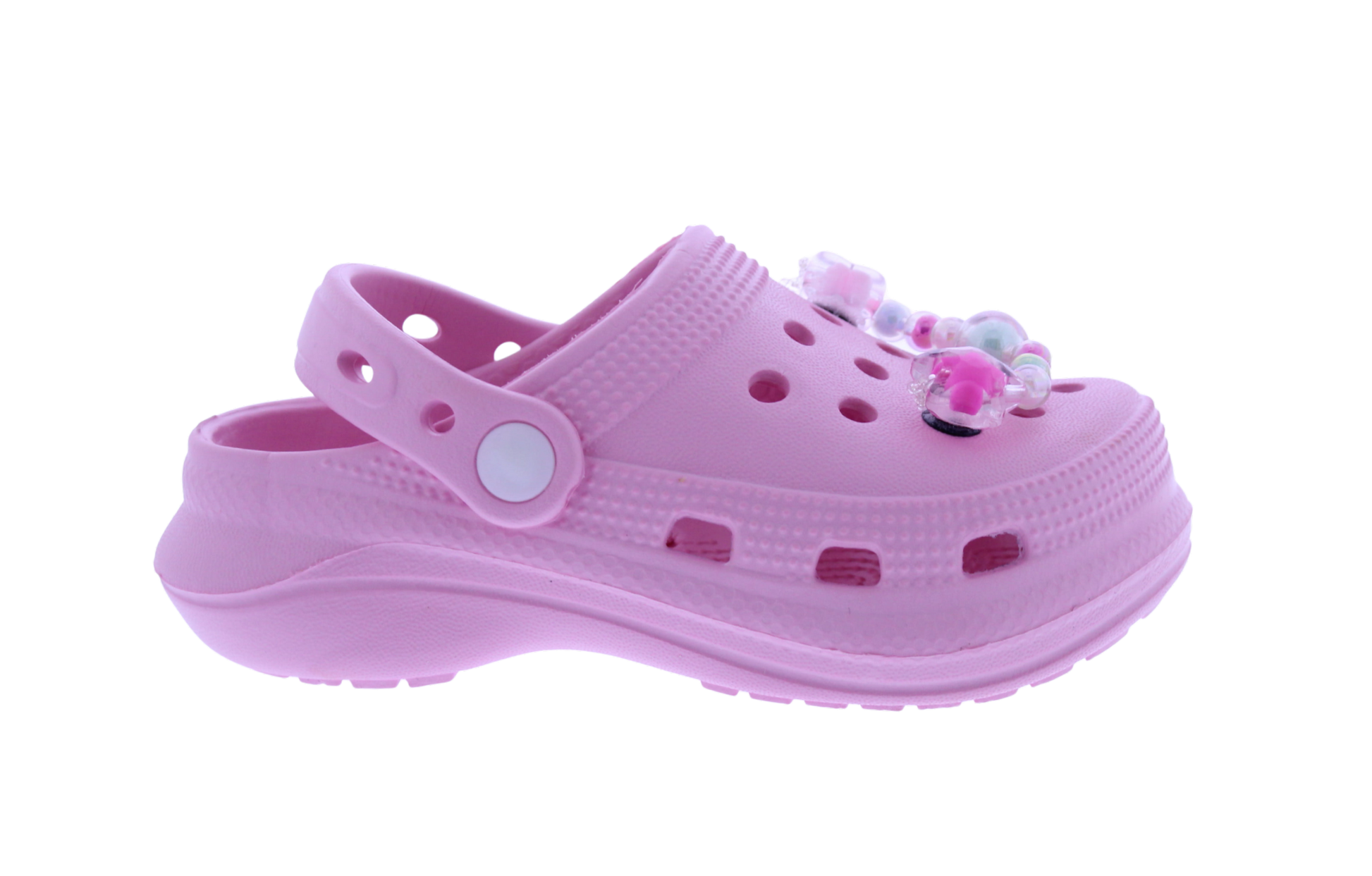 Pink children's sandal with decorative elements on a white background