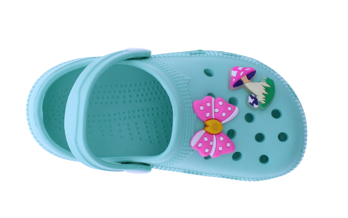 Light blue sandal with a pink flower design on a white background