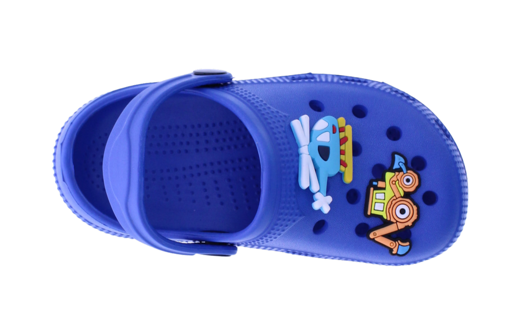 Blue sandal with cartoon character design on a white background