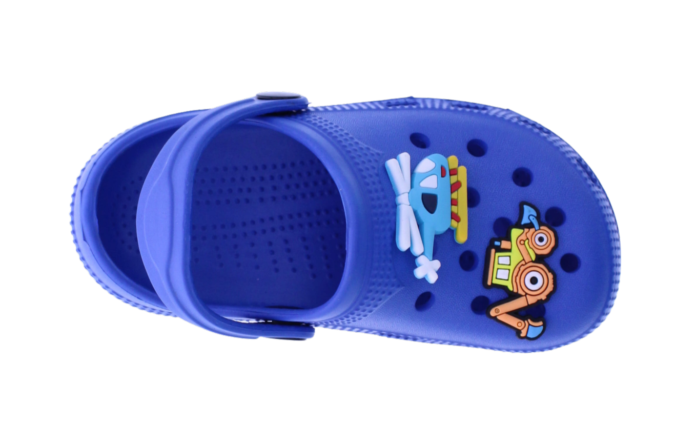 Blue sandal with cartoon character design on a white background