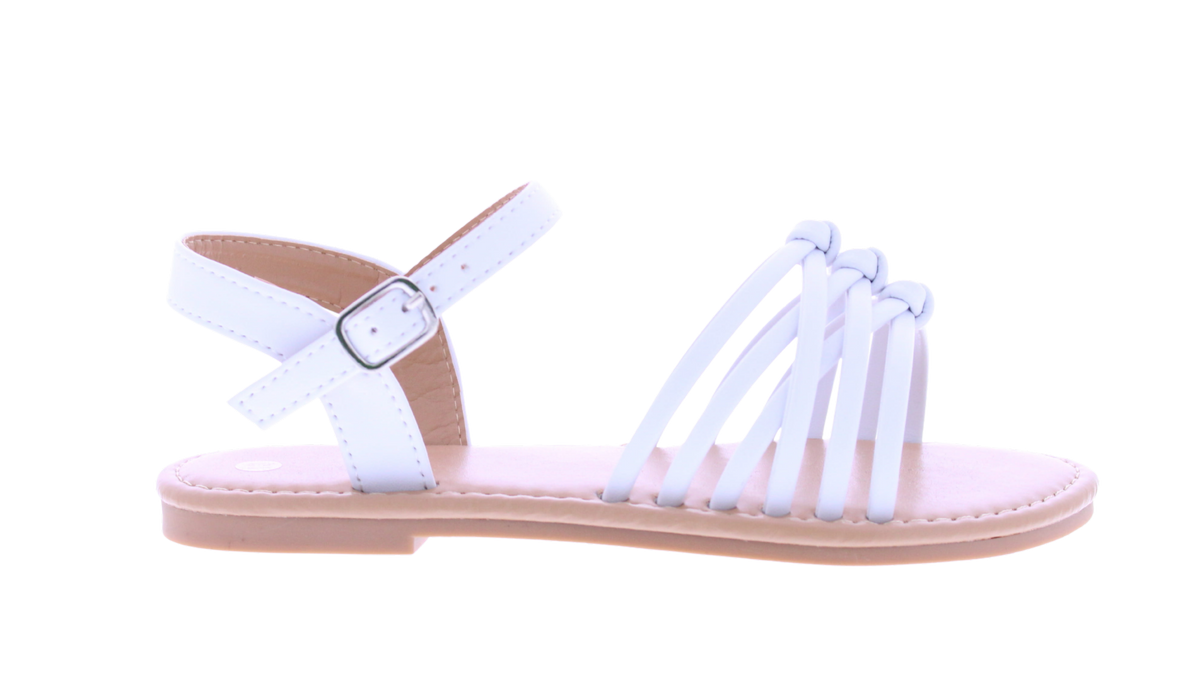 A single white flat sandal with multiple thin straps across the foot and an adjustable ankle strap with a silver buckle, shown in side profile on a white background.