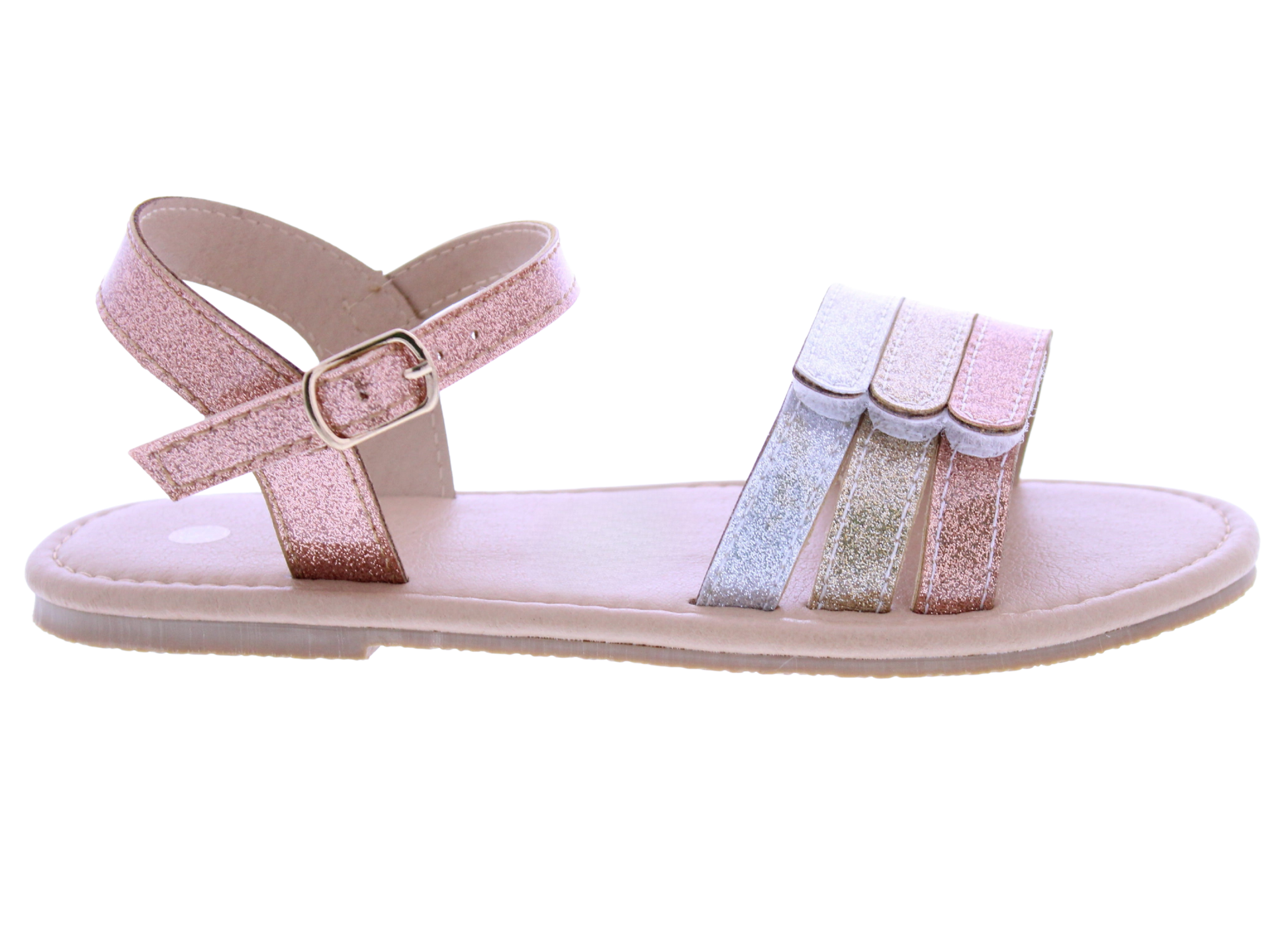 Pink glitter sandal with a strap on a white background