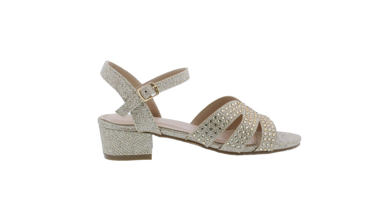 Girls Sparkle and Rhinestone Sandal with Heel and Buckle Closure