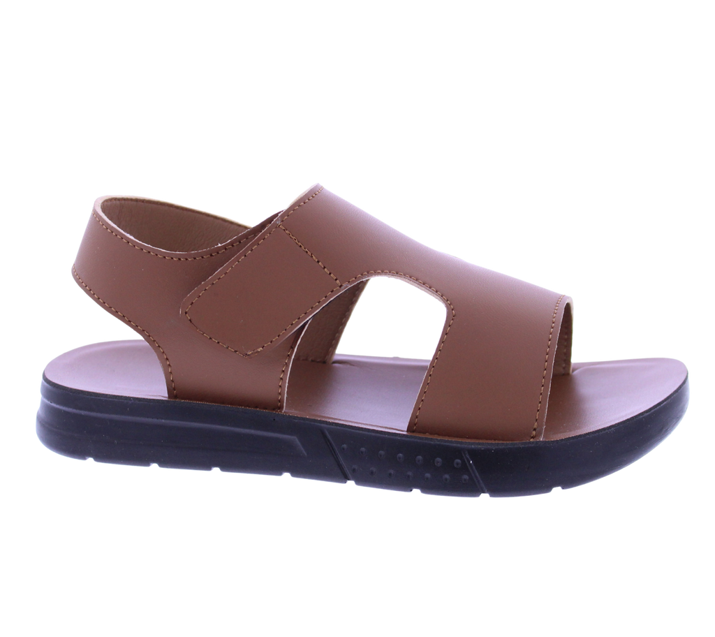 Brown sandal with a black sole on a white background