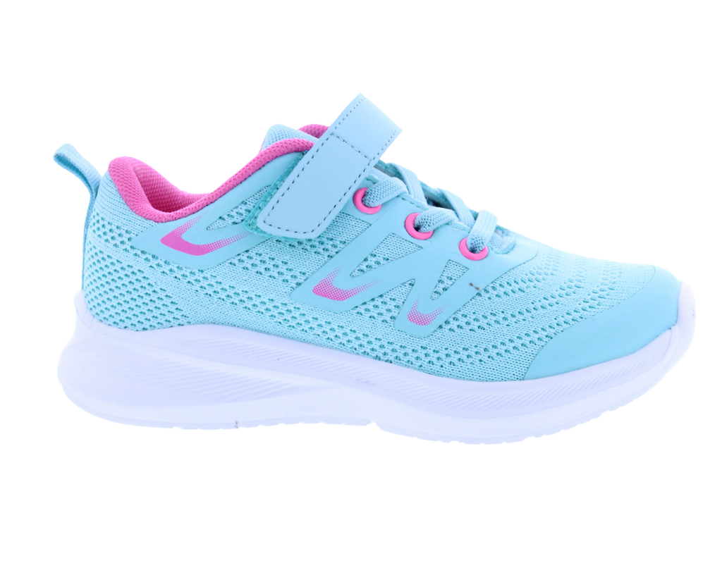 Light blue and pink children's sneaker on a white background