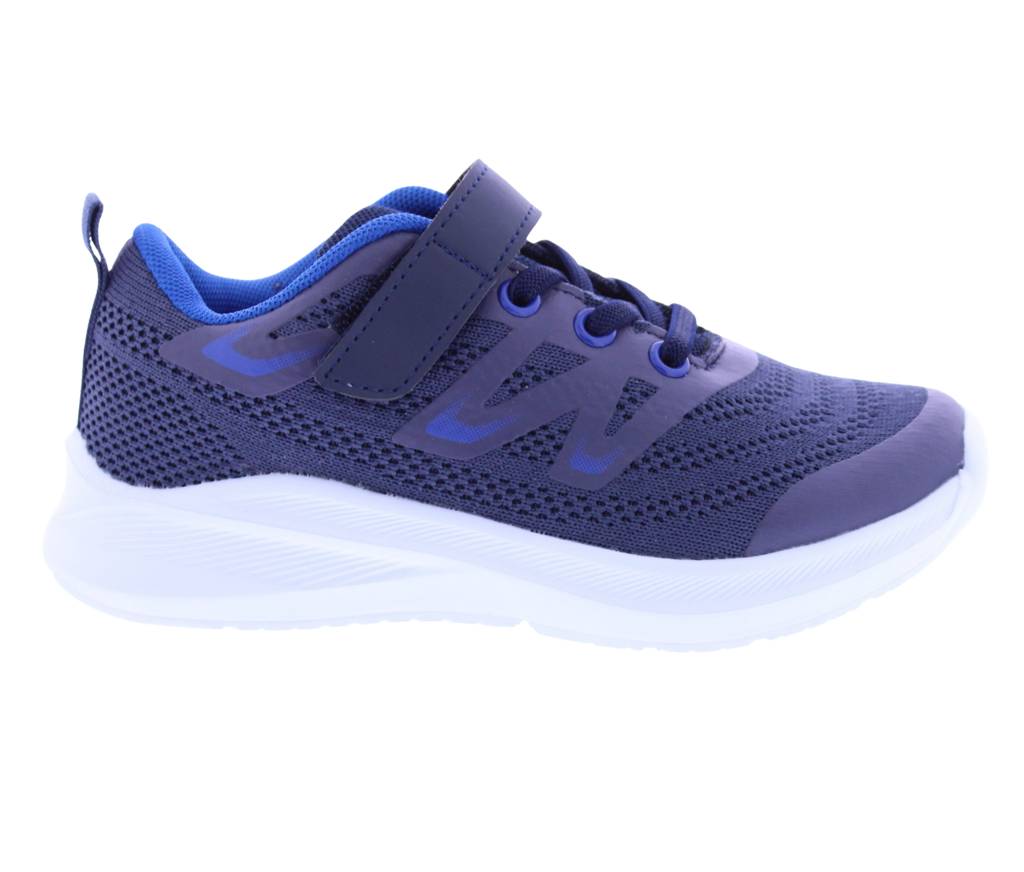 Navy and blue running shoe with a white sole on a white background