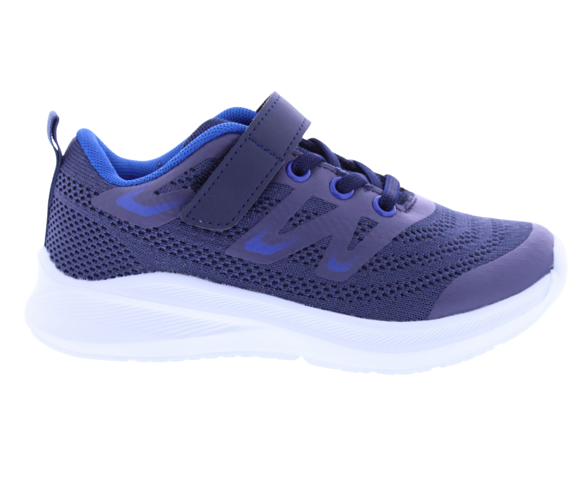 Navy and blue running shoe with a white sole on a white background