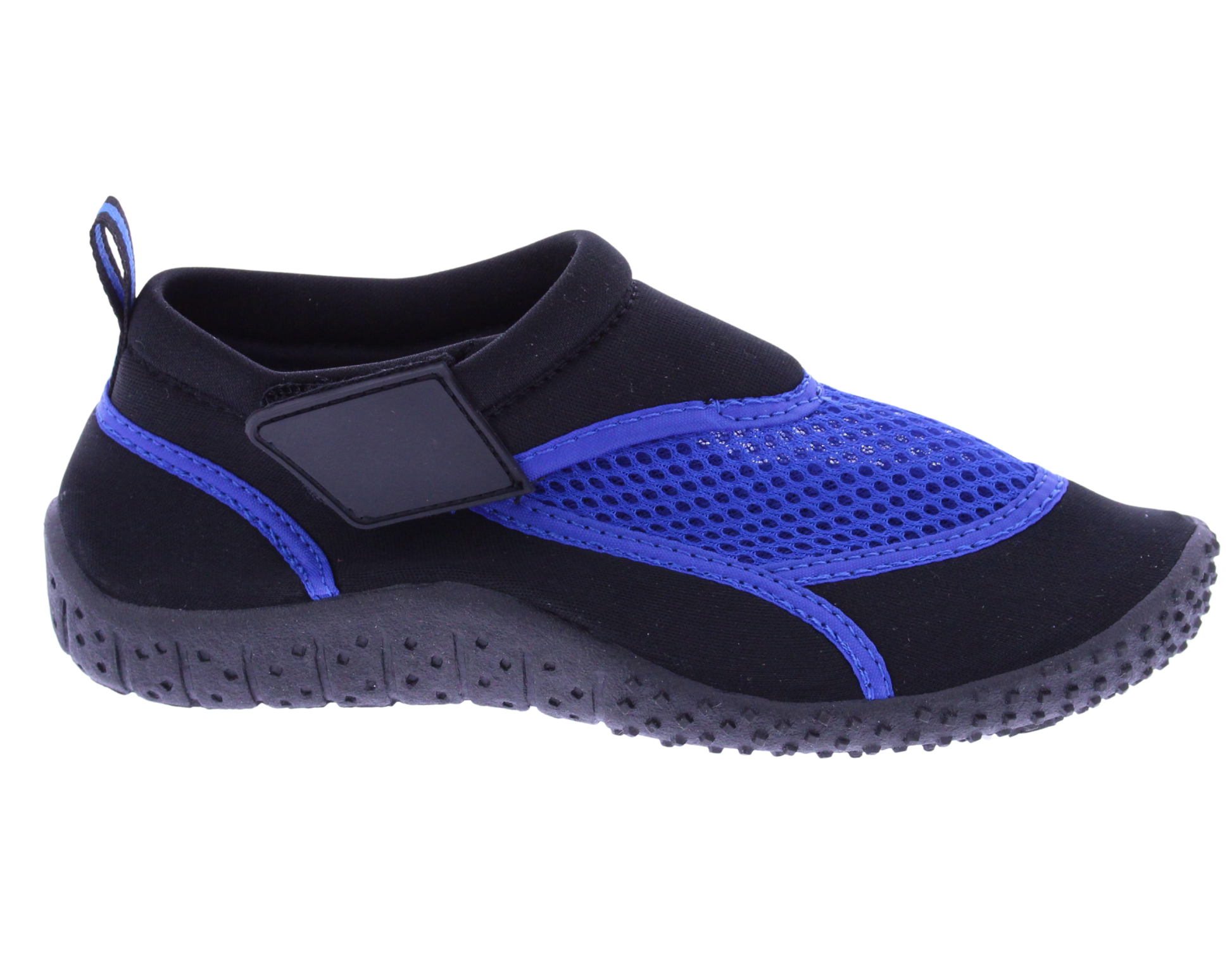 Black and blue water shoe on a white background