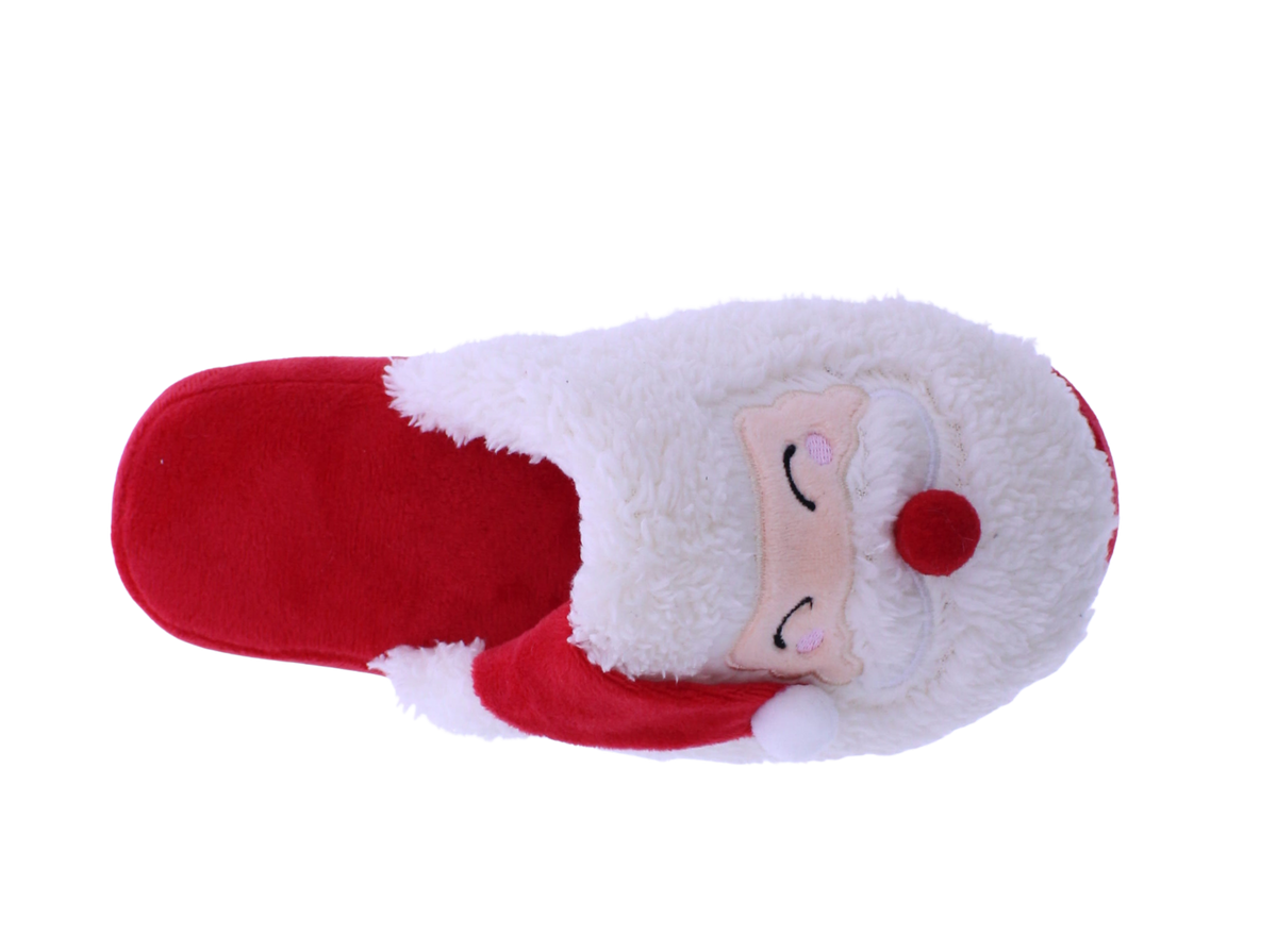 A plush Santa Claus-themed slipper with a red velvet upper, white faux-fur trim, embroidered closed eyes, and a red nose on a plain white background.