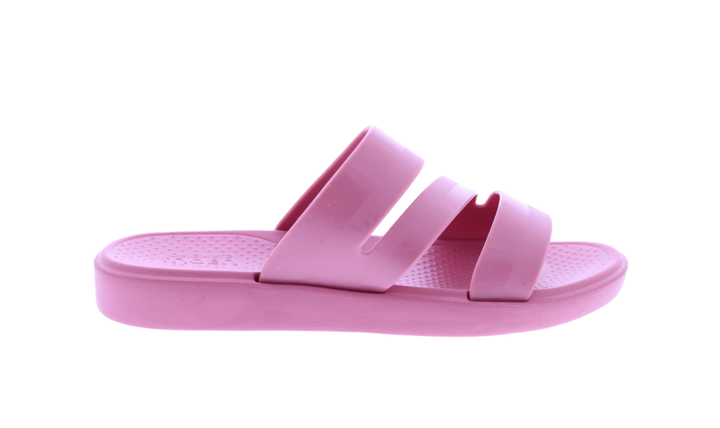 Pink sandal with three straps on a white background