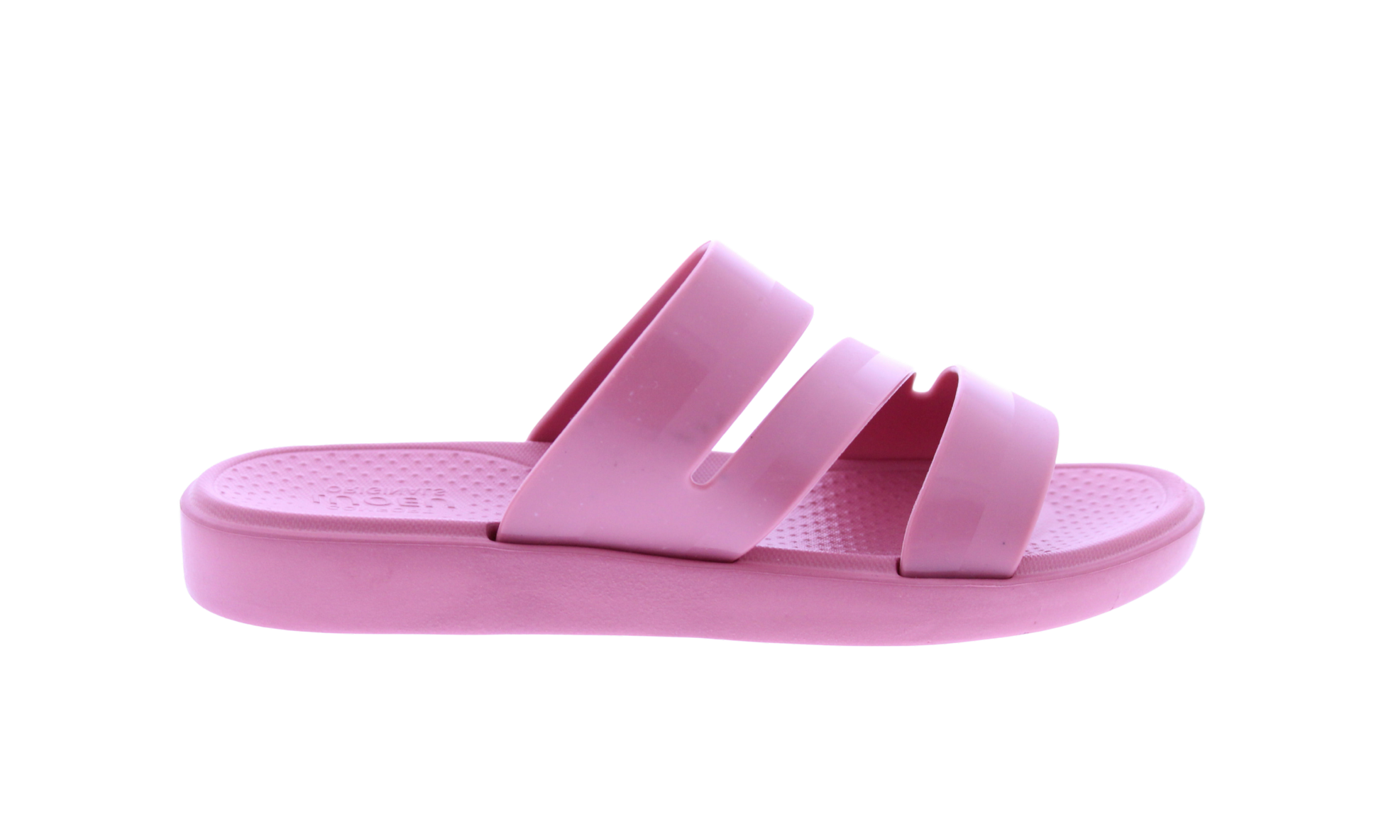 Pink sandal with three straps on a white background