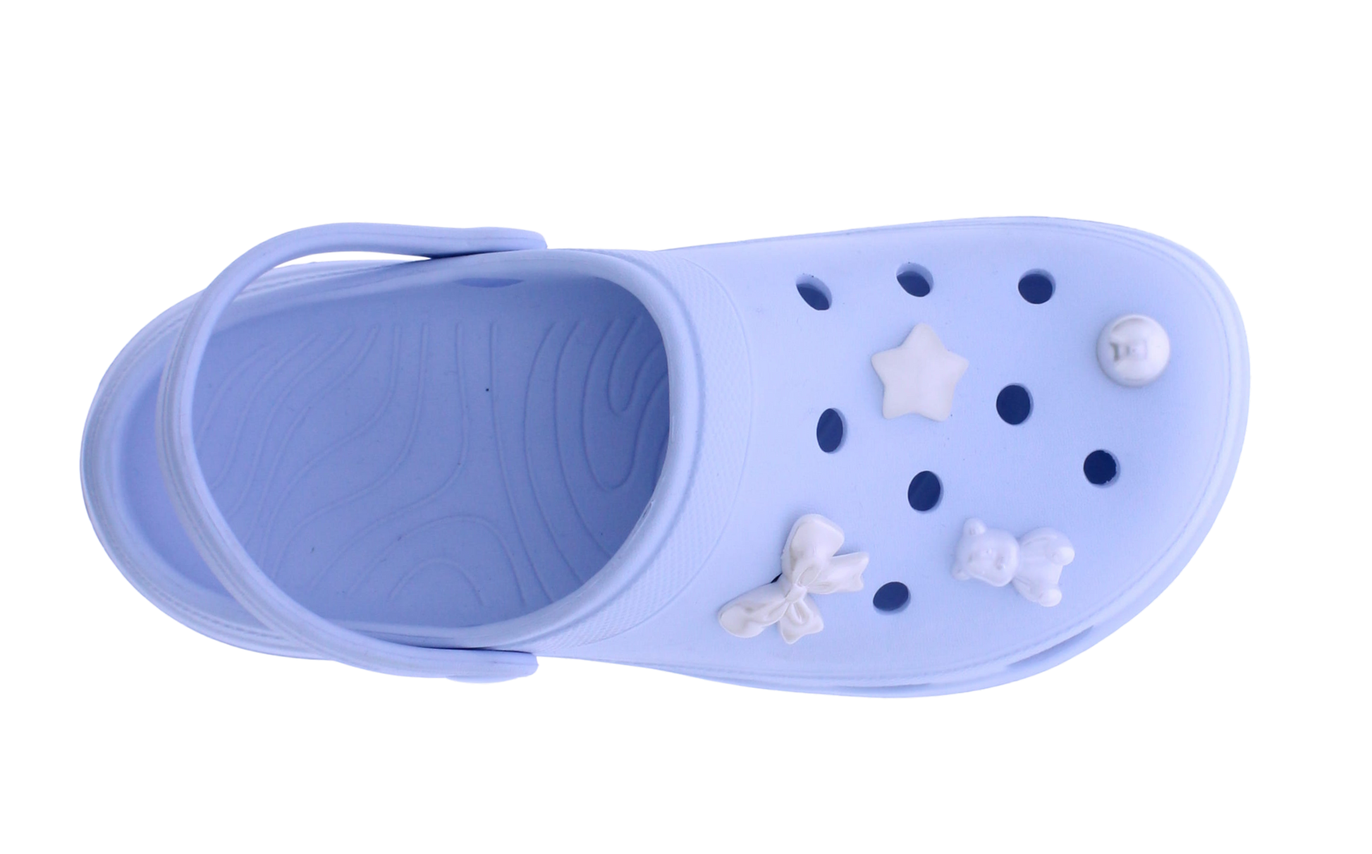 Light blue sandal with decorative elements on a white background