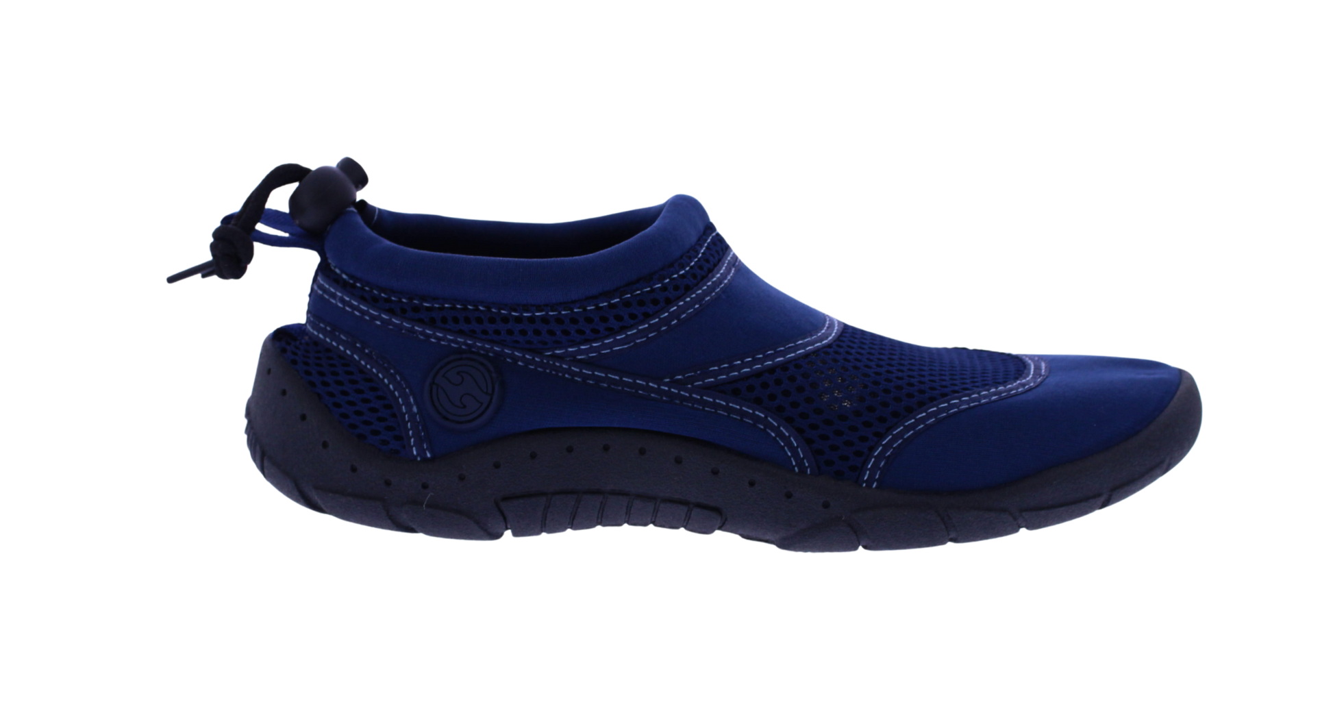 A single dark blue slip-on water shoe with a breathable mesh upper, white contrast stitching, and a black heel pull tab, shown against a plain white background.