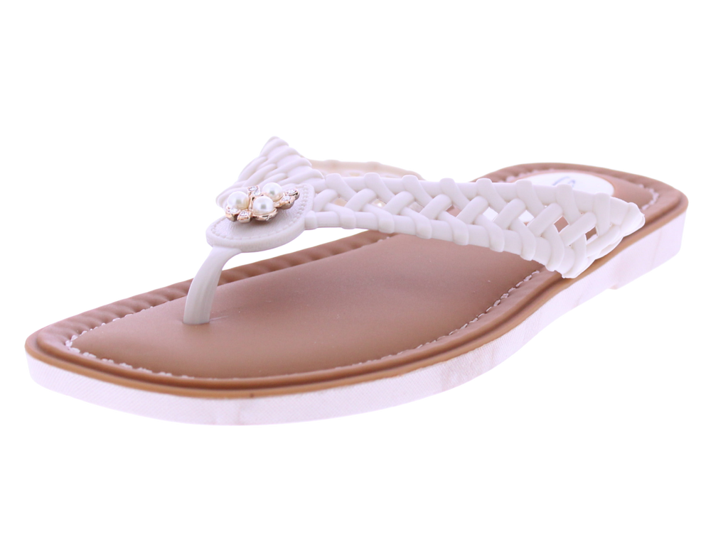 White sandal with a decorative flower on a white background