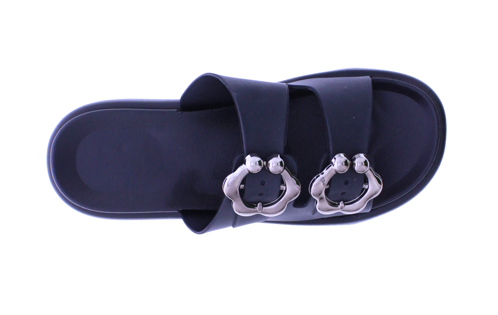 Navy blue sandal with silver embellishments on a white background