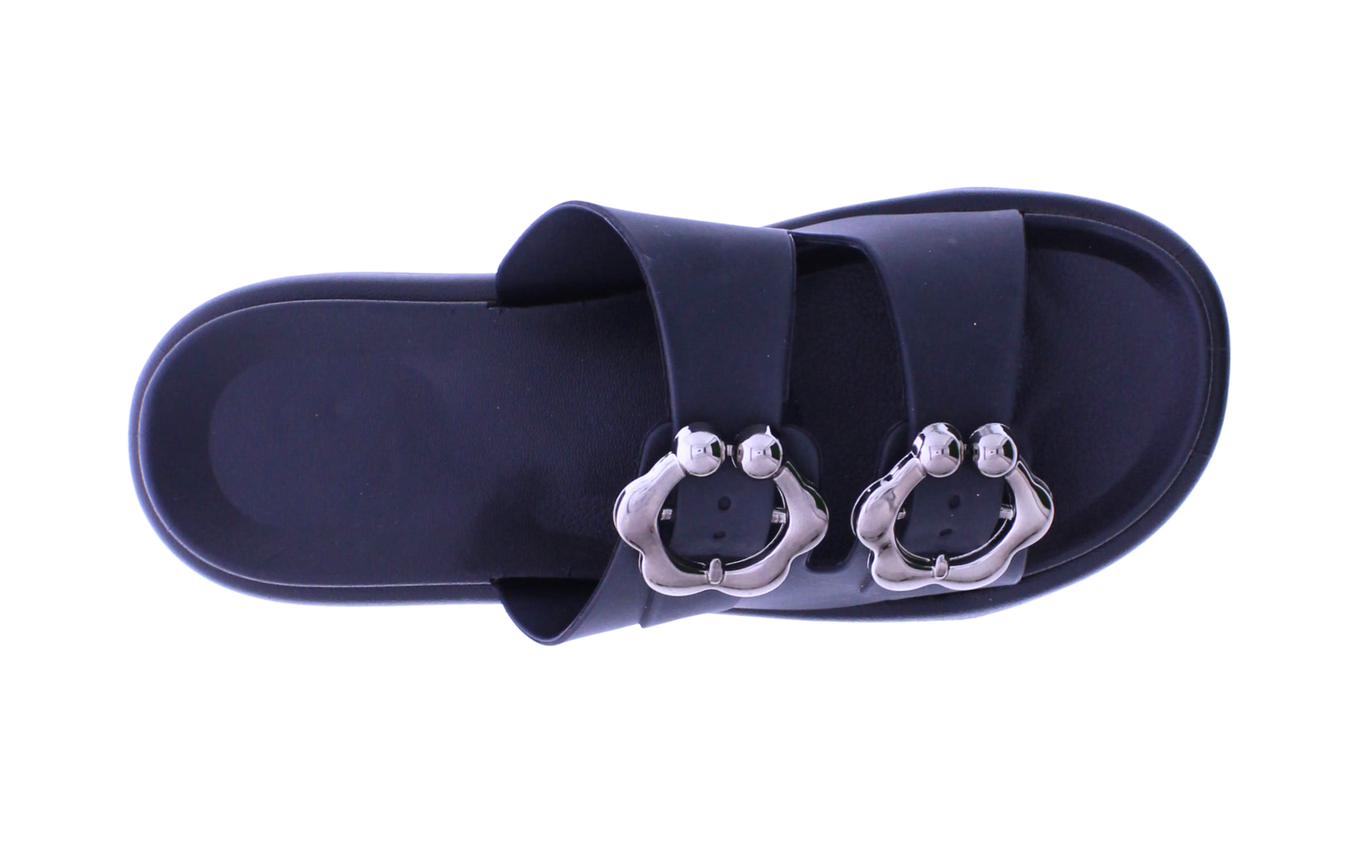 Navy blue sandal with silver embellishments on a white background