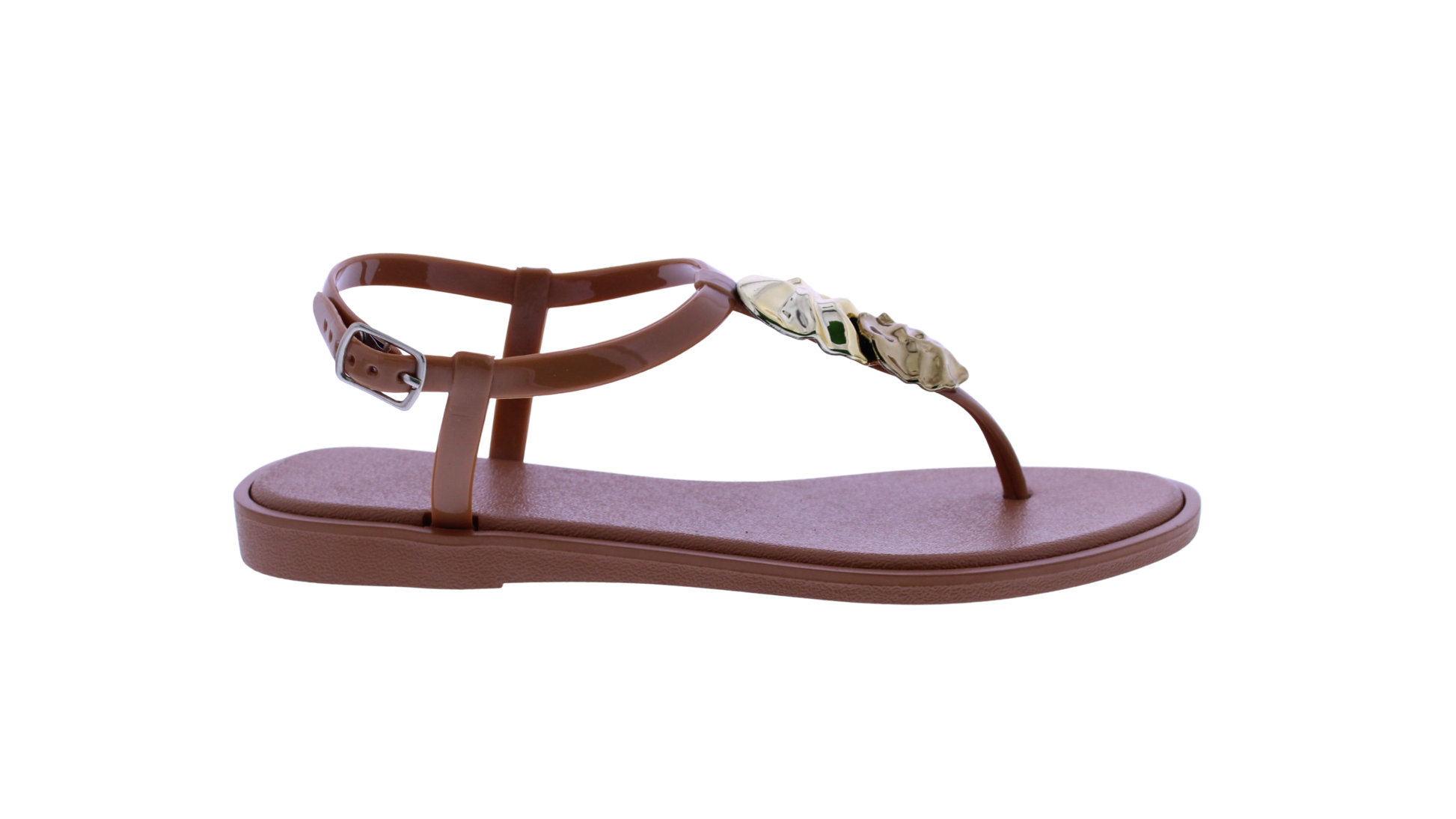Brown sandal with a decorative strap on a white background