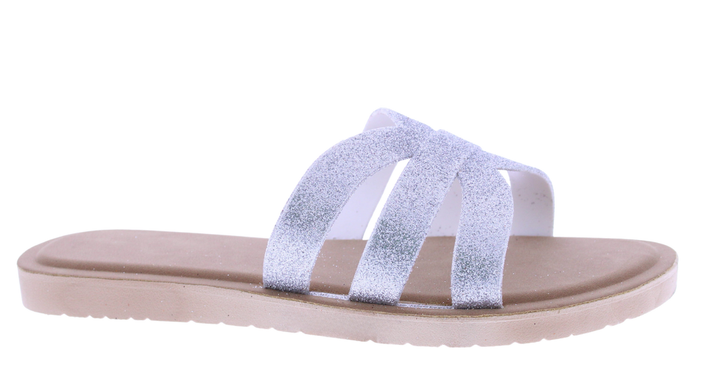 Silver sandal with a beige sole on a white background