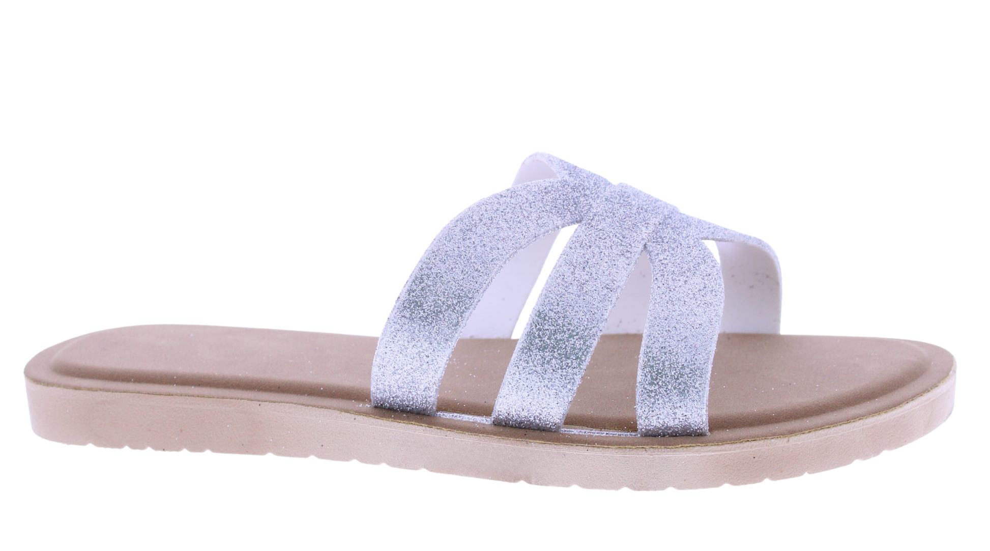 Silver sandal with a beige sole on a white background