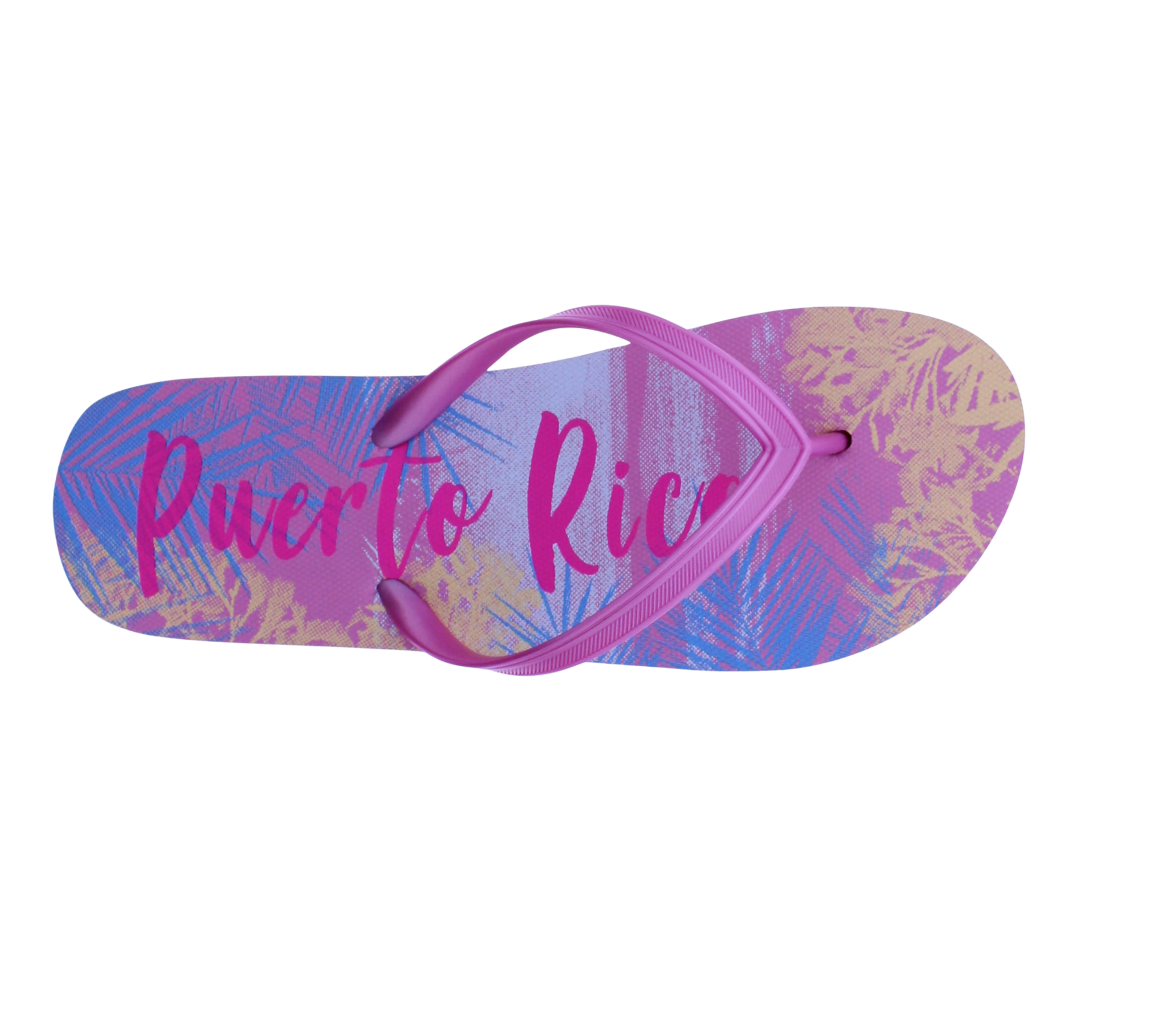 Colorful flip-flop sandal with pink strap and multicolor pattern on a white background