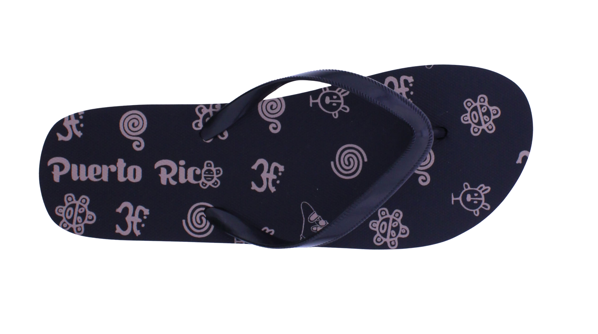 A single dark navy blue flip-flop sandal with a pattern of light purple Puerto Rican cultural symbols, including the San Andres shell, the Guatemalan quetzal bird, and the text 'Puerto Rico'.