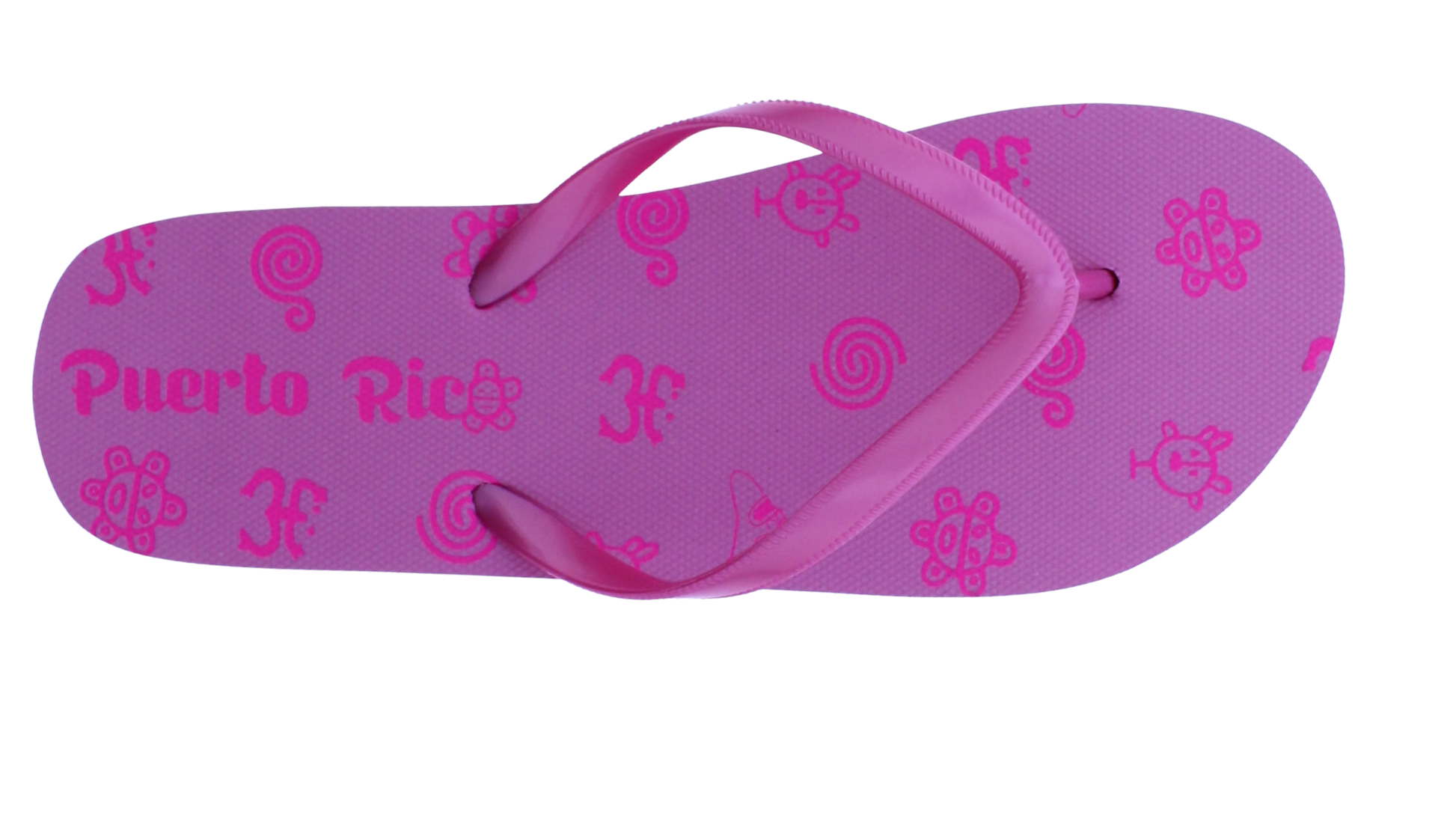 A single pink flip-flop sandal with a purple-pink footbed decorated with small cartoon faces and the words 'Puerto Rico' printed vertically, shown on a plain white background.