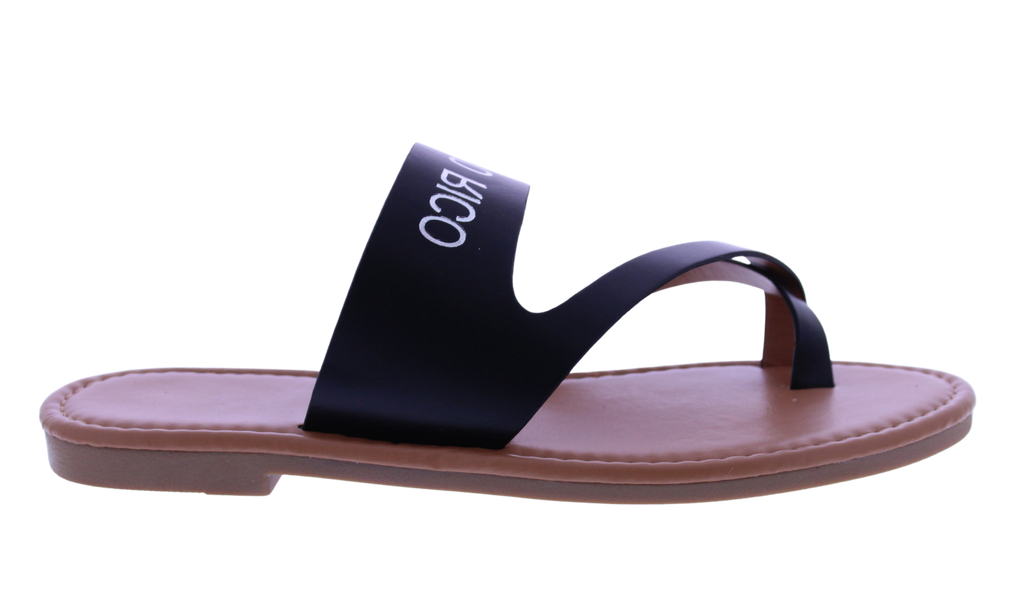 Black sandal with 'Rico' branding on a white background