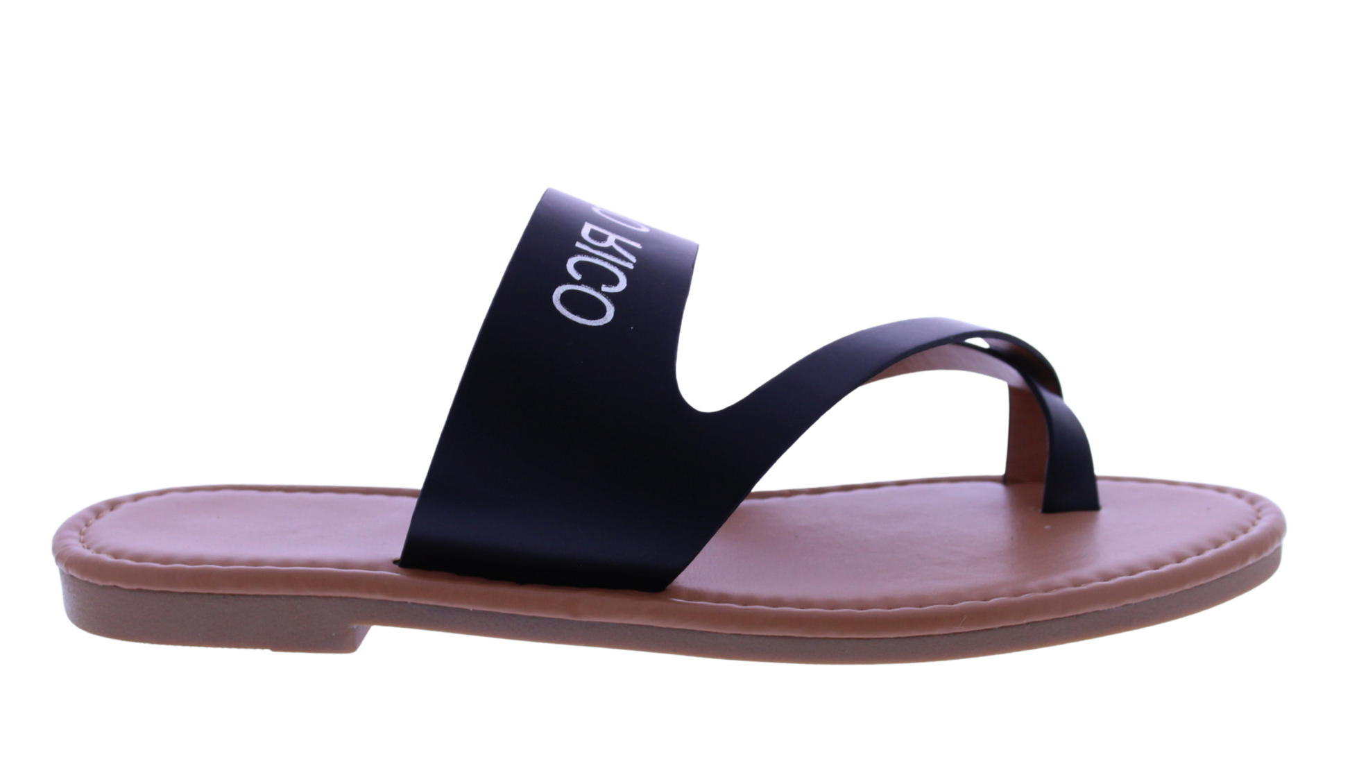 Black sandal with 'Rico' branding on a white background
