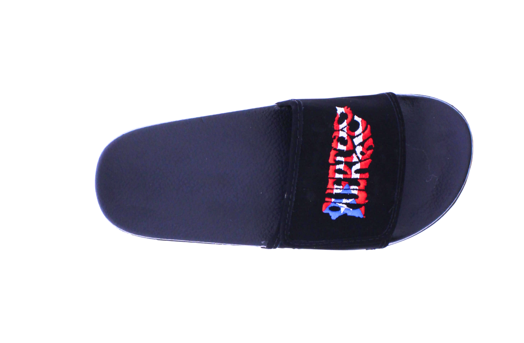 Black slide sandal with colorful text on a white background