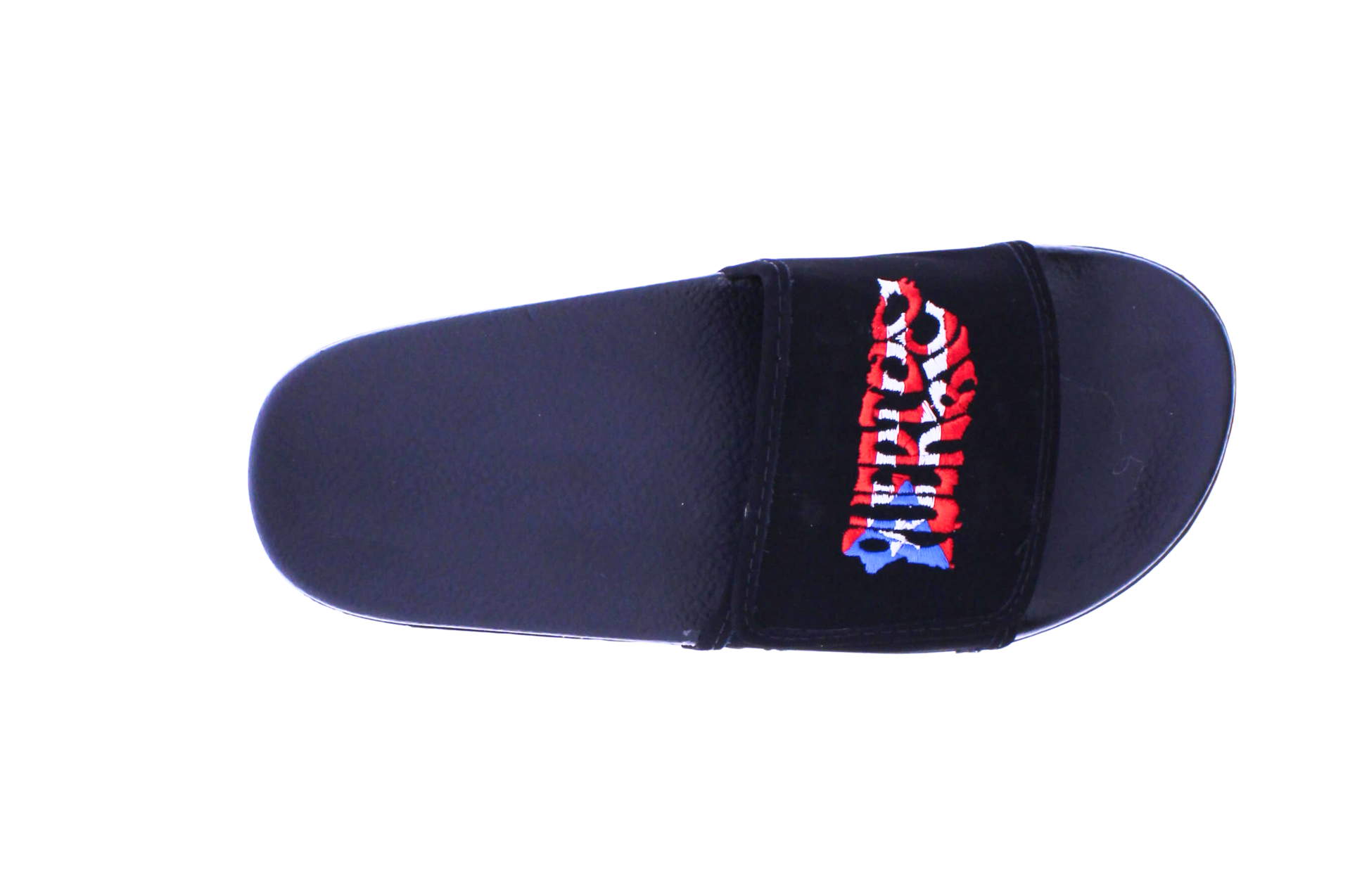 Black slide sandal with colorful text on a white background