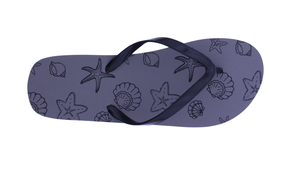 Flip-flop with starfish and shell pattern on a white background