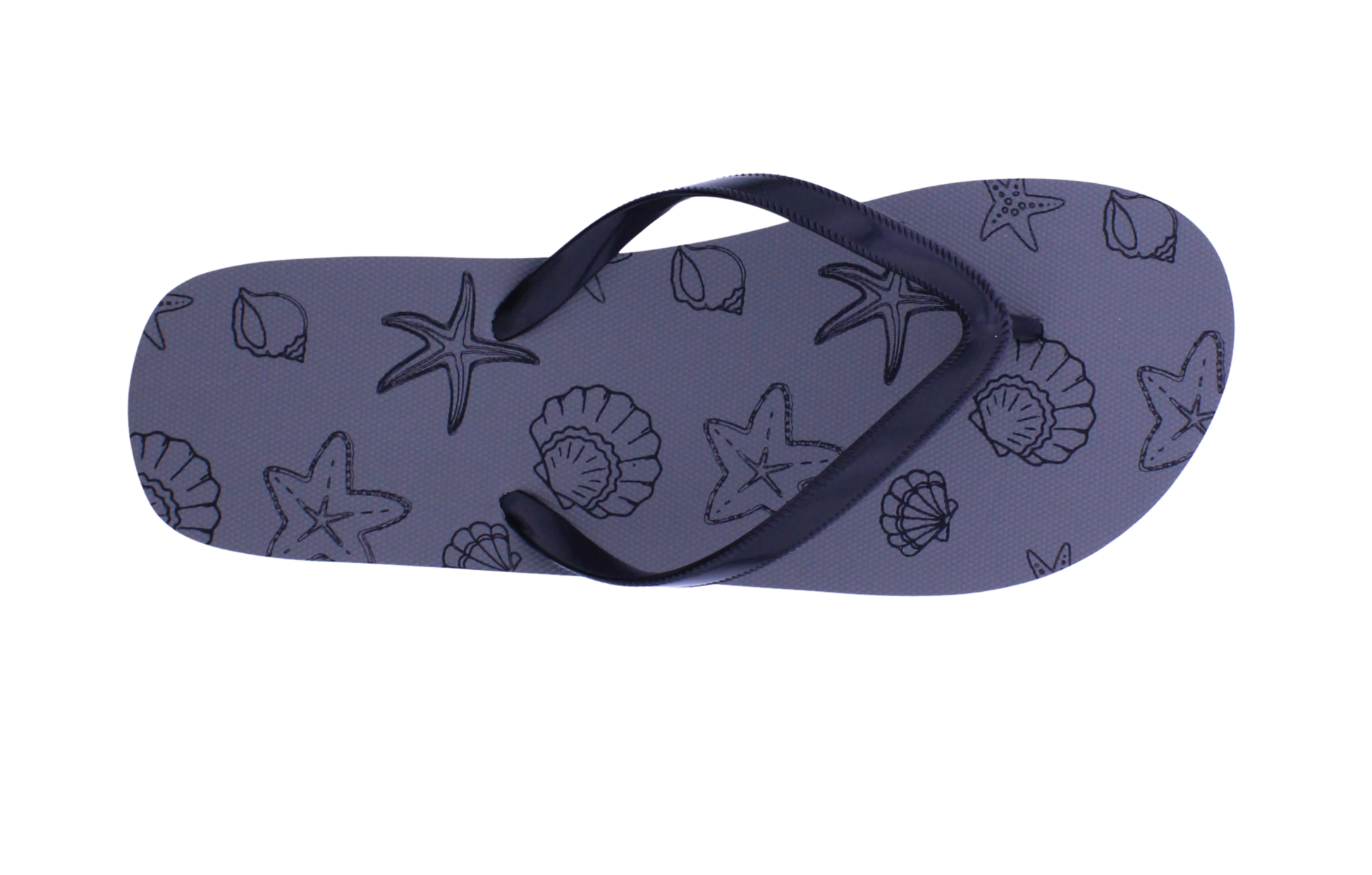 Flip-flop with starfish and shell pattern on a white background