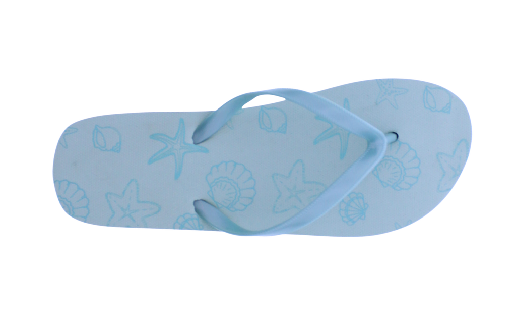Light blue flip-flop with sea-themed design on a white background