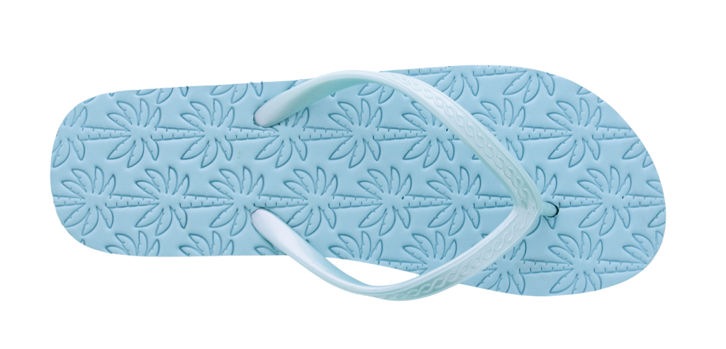 Light blue flip-flop with white strap on a white background