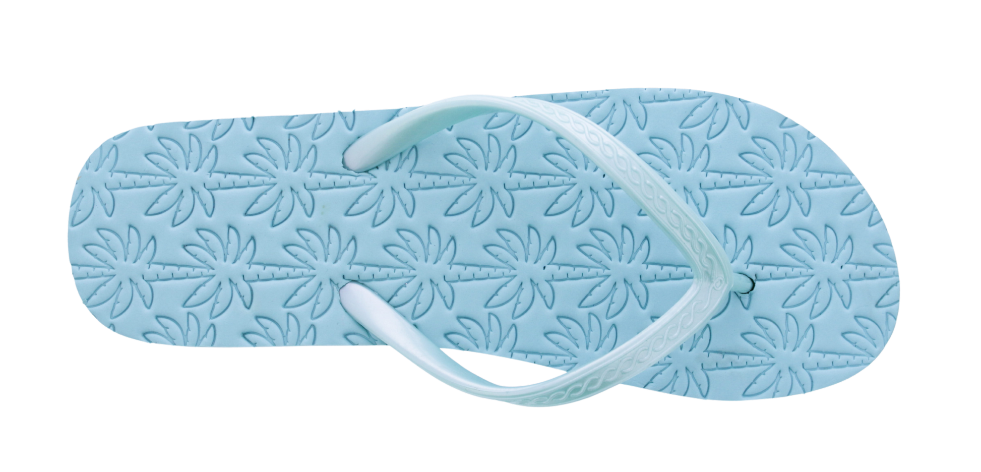 Light blue flip-flop with white strap on a white background