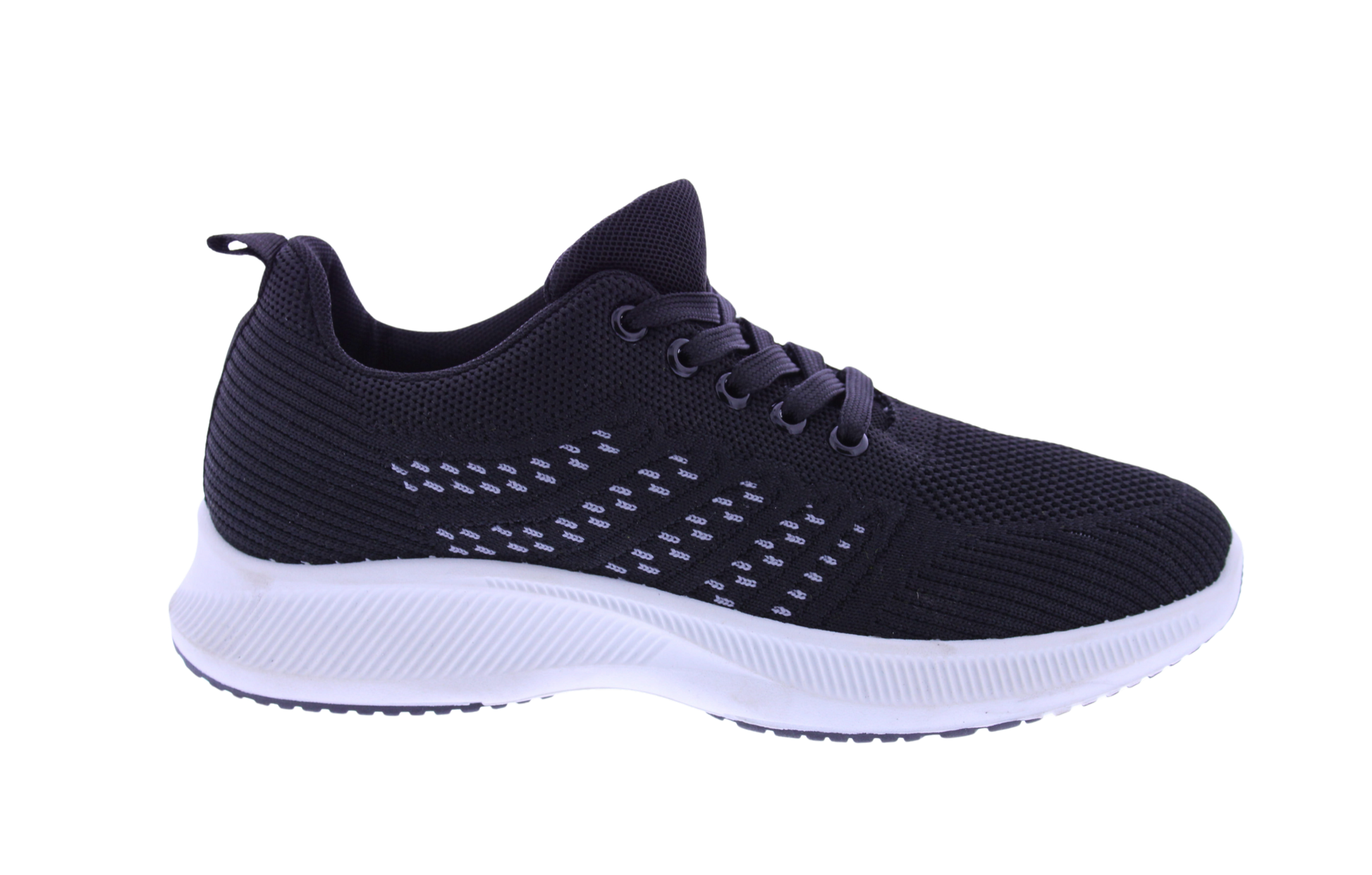 A black knit athletic sneaker with a thick white sole, shown in a side profile view against a plain white background.