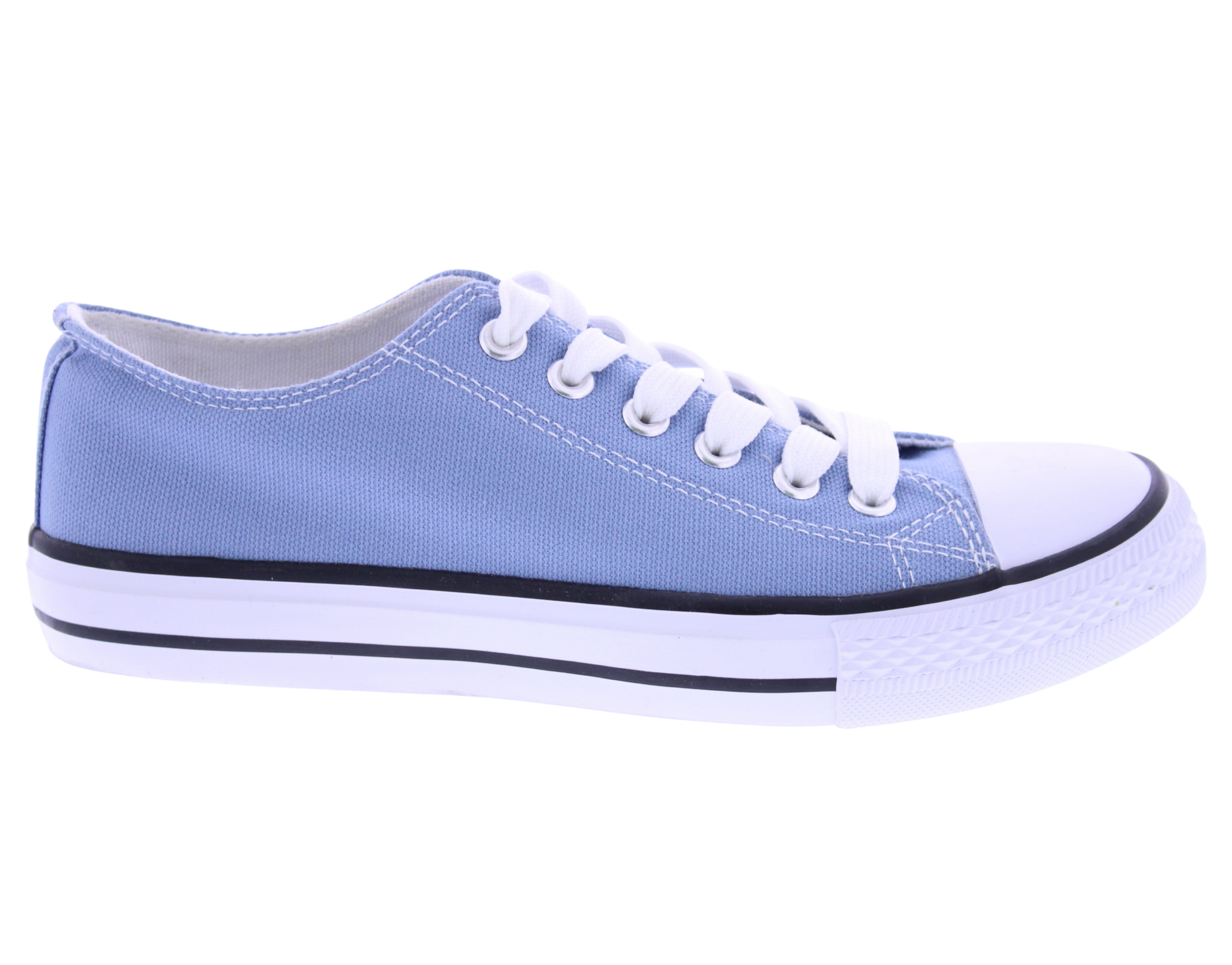 Light blue sneaker with white laces on a white background