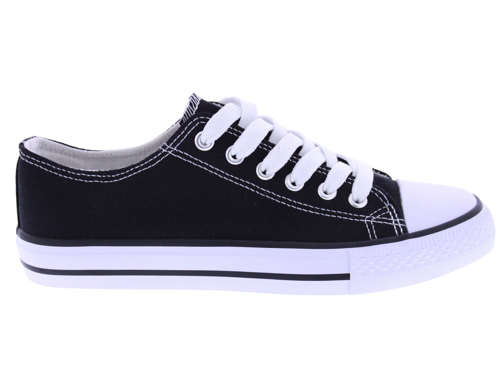 Black sneaker with white laces on a white background
