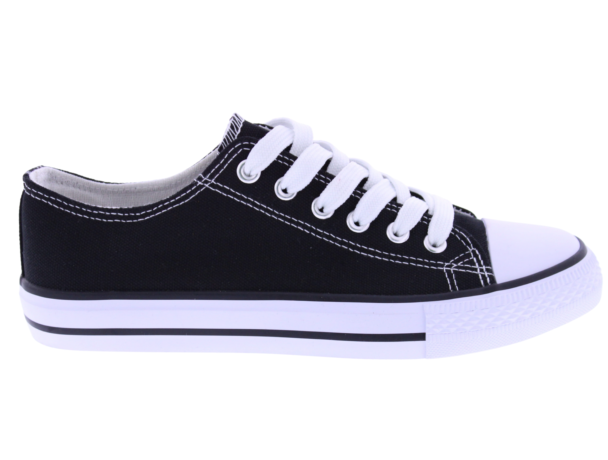 Black sneaker with white laces on a white background