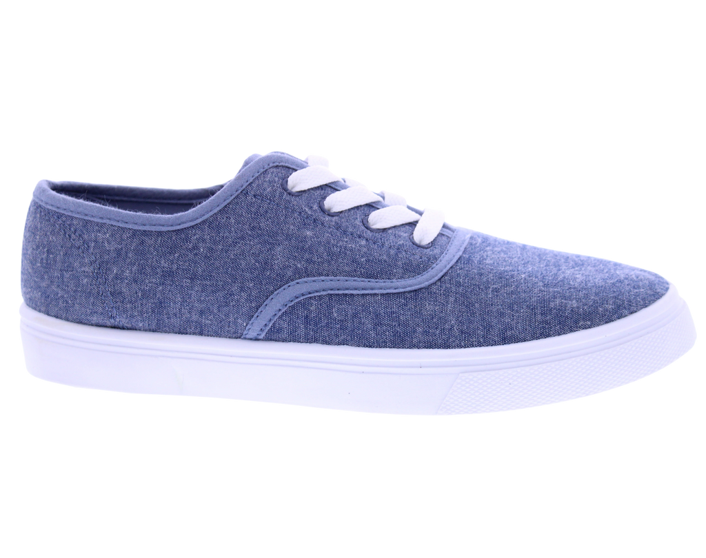Blue sneaker with white laces on a white background